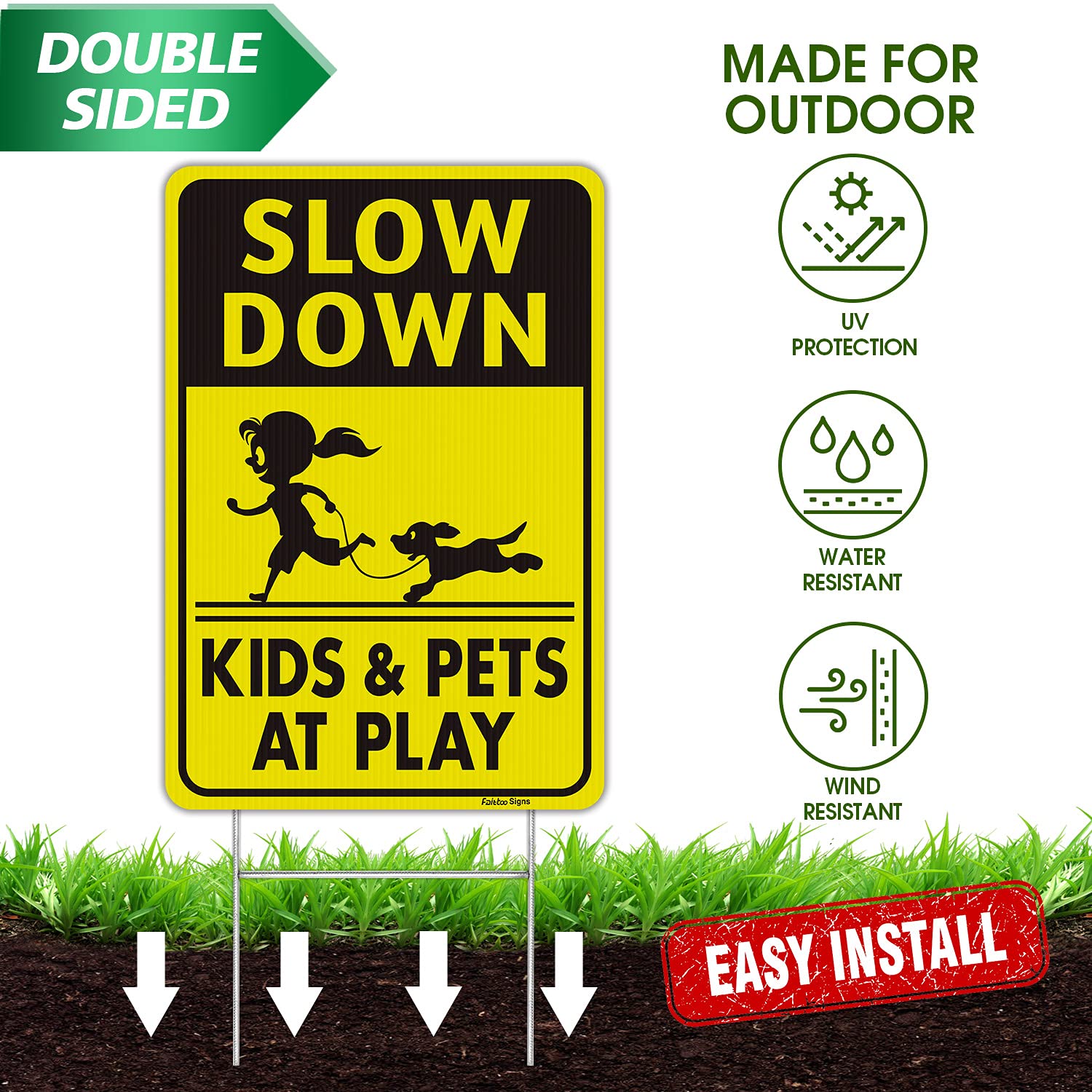 Slow Down Signs for Kids and Pets at Play - 18 x 12 Inch Double-Sided Corrugated Plastic Yard Sign with Stake (2 Pack) - Waterproof, Weather Resistant & Non-Fading - Easy to Assemble - Perfect for Neighborhoods, School Zones & Play Areas