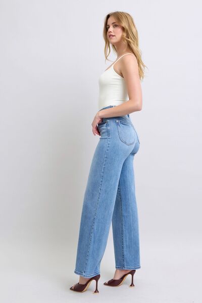 Judy Blue Women's Full Size Wide Leg Jeans with Pockets - Comfortable Stretch Denim Pants for Casual Wear & Everyday Outfits
