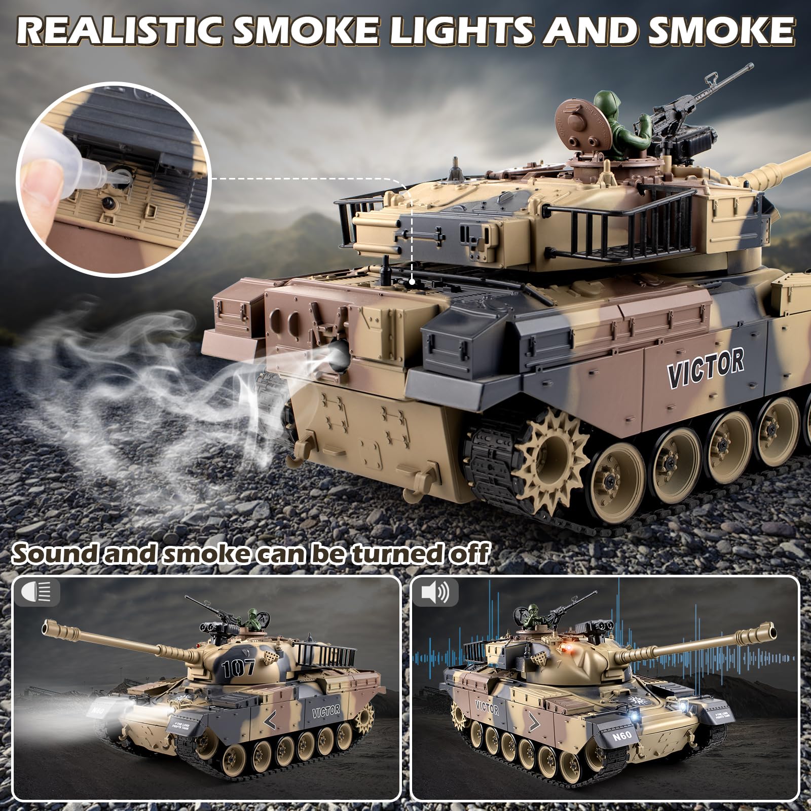 1:18 Scale US M60 RC Tank - 2.4Ghz Remote Control Military Vehicle with Recoil, Smoke, Sound & LED Lights | Shoots BBs & Water Bombs | Battle-Ready Army Toy for Adults & Kids | Perfect for Outdoor Play, Backyard Battles & Military Collection Displays