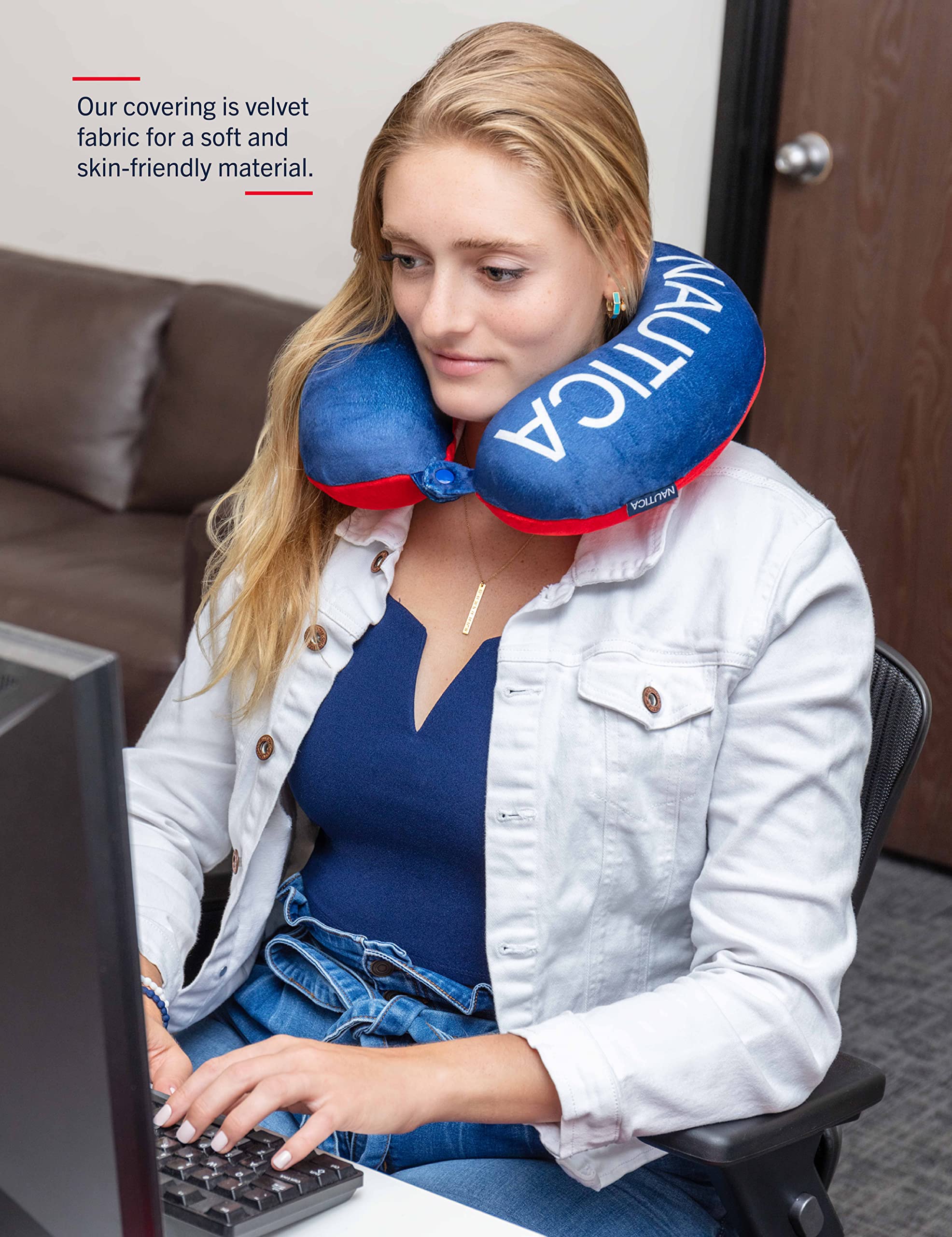 Nautica Memory Foam Travel Neck Pillow for Airplane, Car & Office - Black/Cobalt Blue - Ergonomic Support for Neck Pain Relief - One Size Fits All