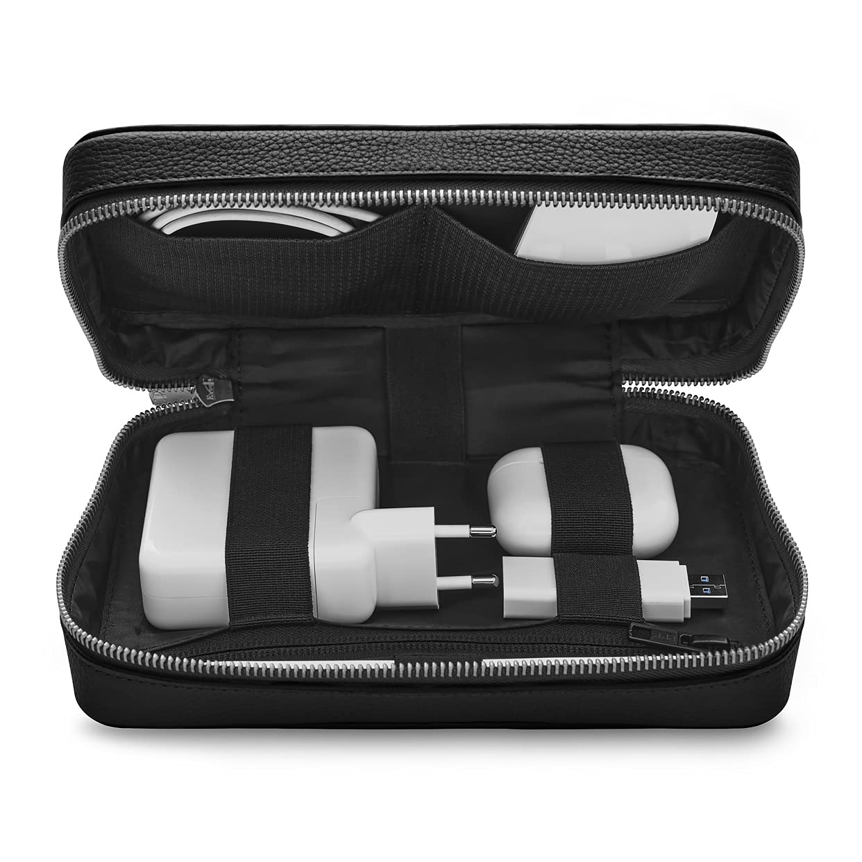 Premium WOOLNUT Genuine Leather Tech Organizer for MacBook, iPad & Accessories - Sleek Black - Perfect for Office, Travel & Daily Organization