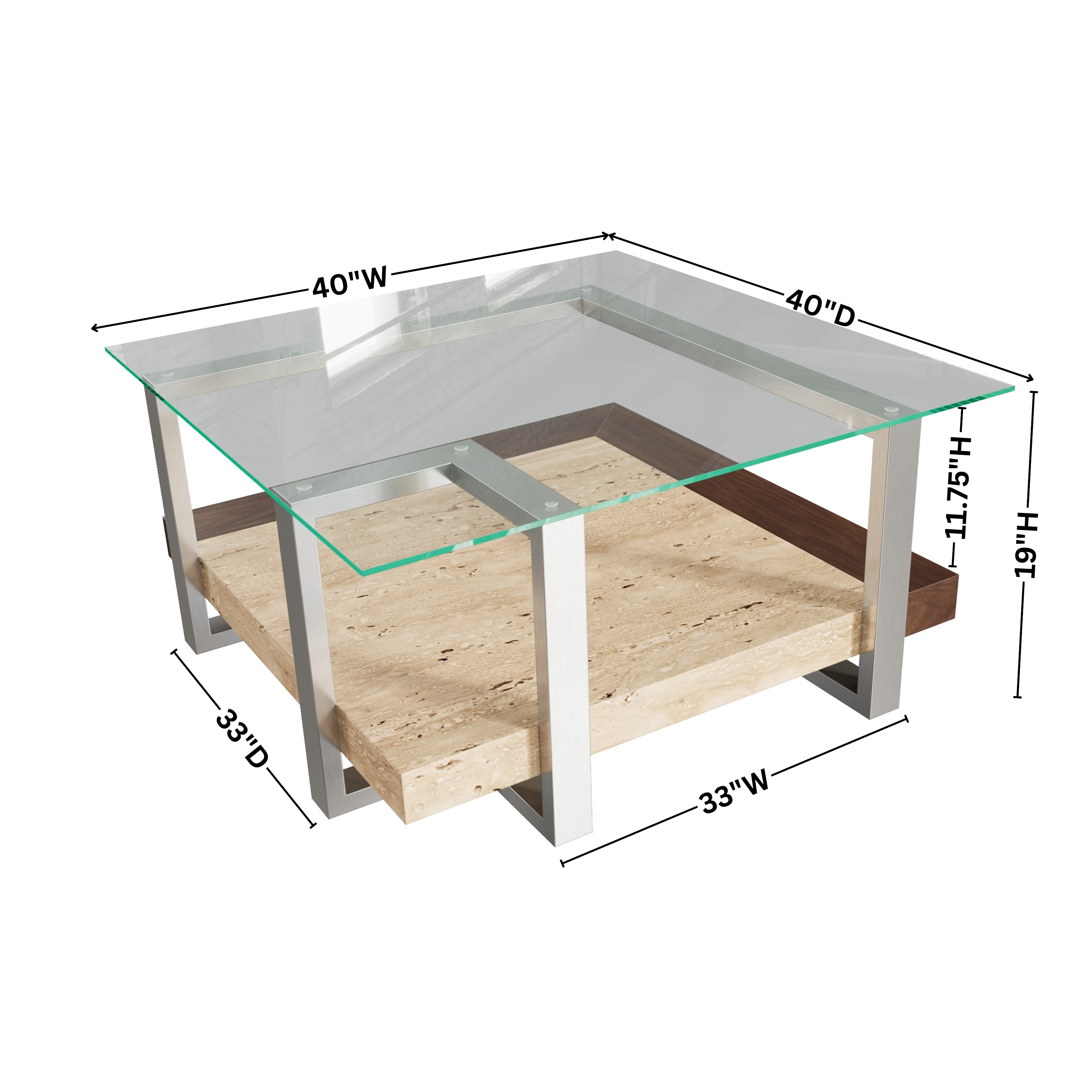 Roundhill Furniture Andes Glass Square Coffee Table with Marble Shelf - Polished Nickel Finish - Modern Living Room Centerpiece for Home & Office Decor