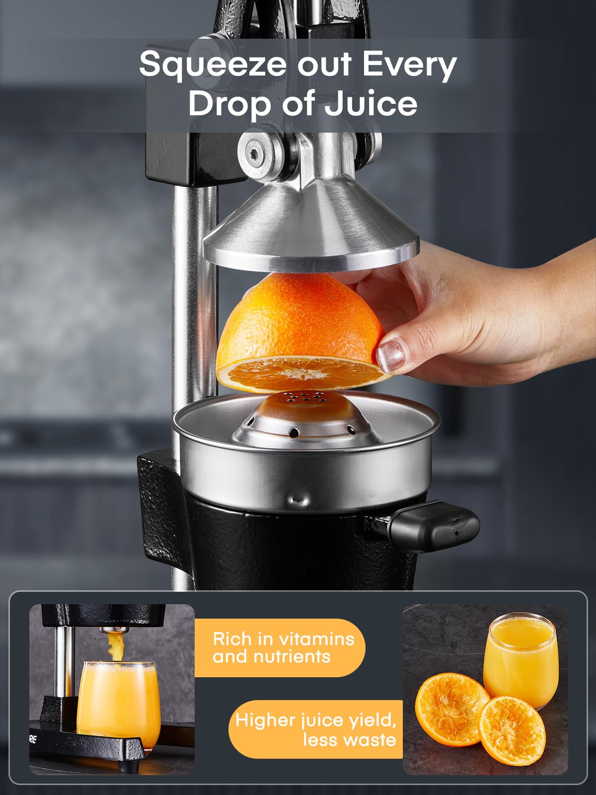 FOHERE Heavy Duty Cast Iron Citrus Juicer - Manual Orange, Lemon, Pomegranate & Grapefruit Press with Stainless Steel Cup - Easy Clean Commercial Grade Fruit Squeezer for Bars, Restaurants & Home Kitchen Use