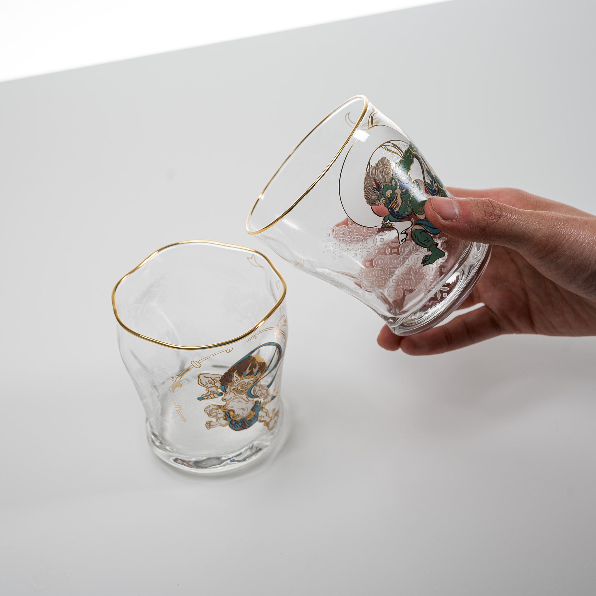 Fujin Raijin Pair Whiskey Glasses Set - Japanese God of Wind and Thunder Design - Perfect for Whiskey, Bourbon, Scotch & Cocktails - Unique Gift for Home Bar & Collectors