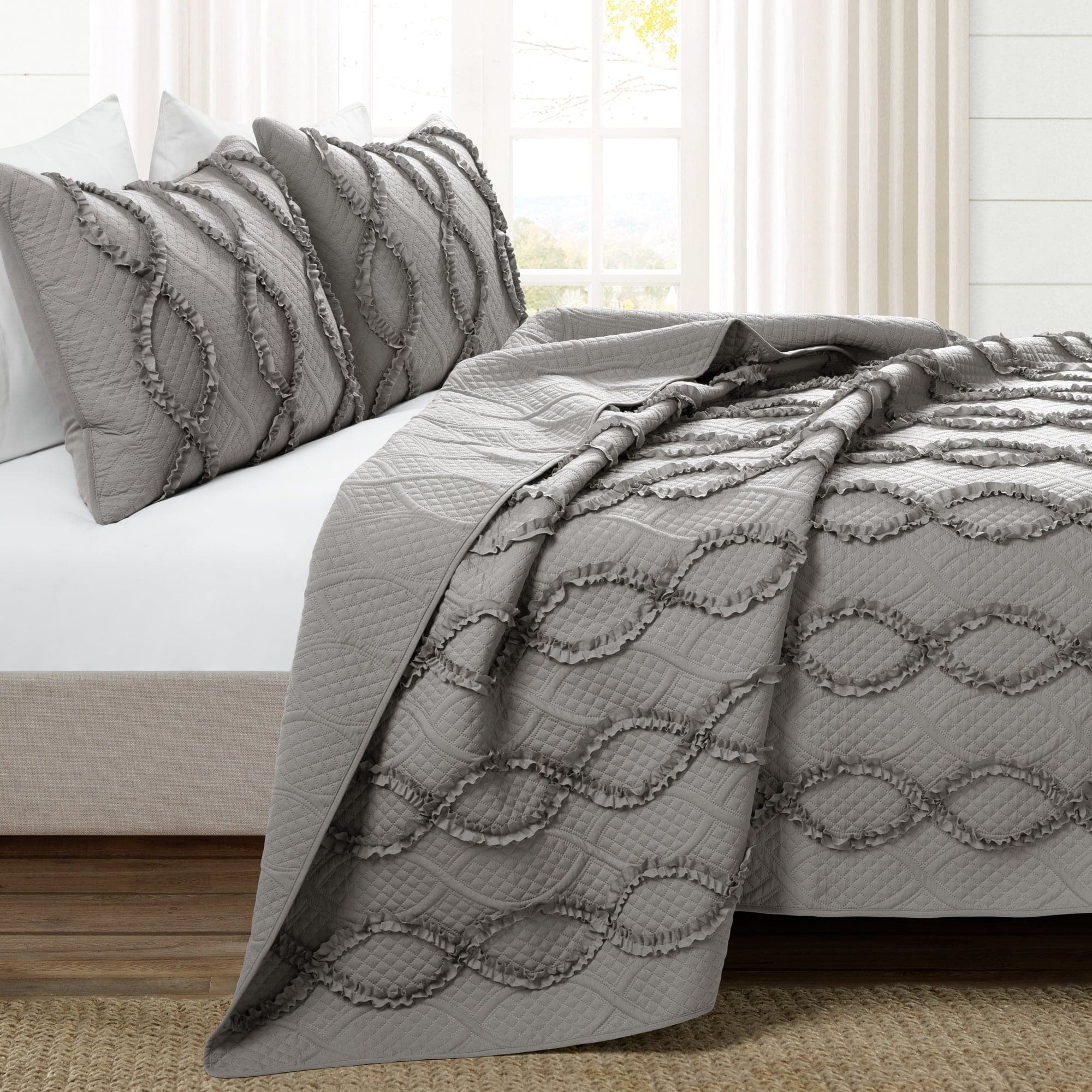 Avon Textured Ruffle Quilt 3-Piece Bedding Set - Soft & Stylish Comforter, Pillow Shams & Bed Skirt for Cozy Bedroom Decor