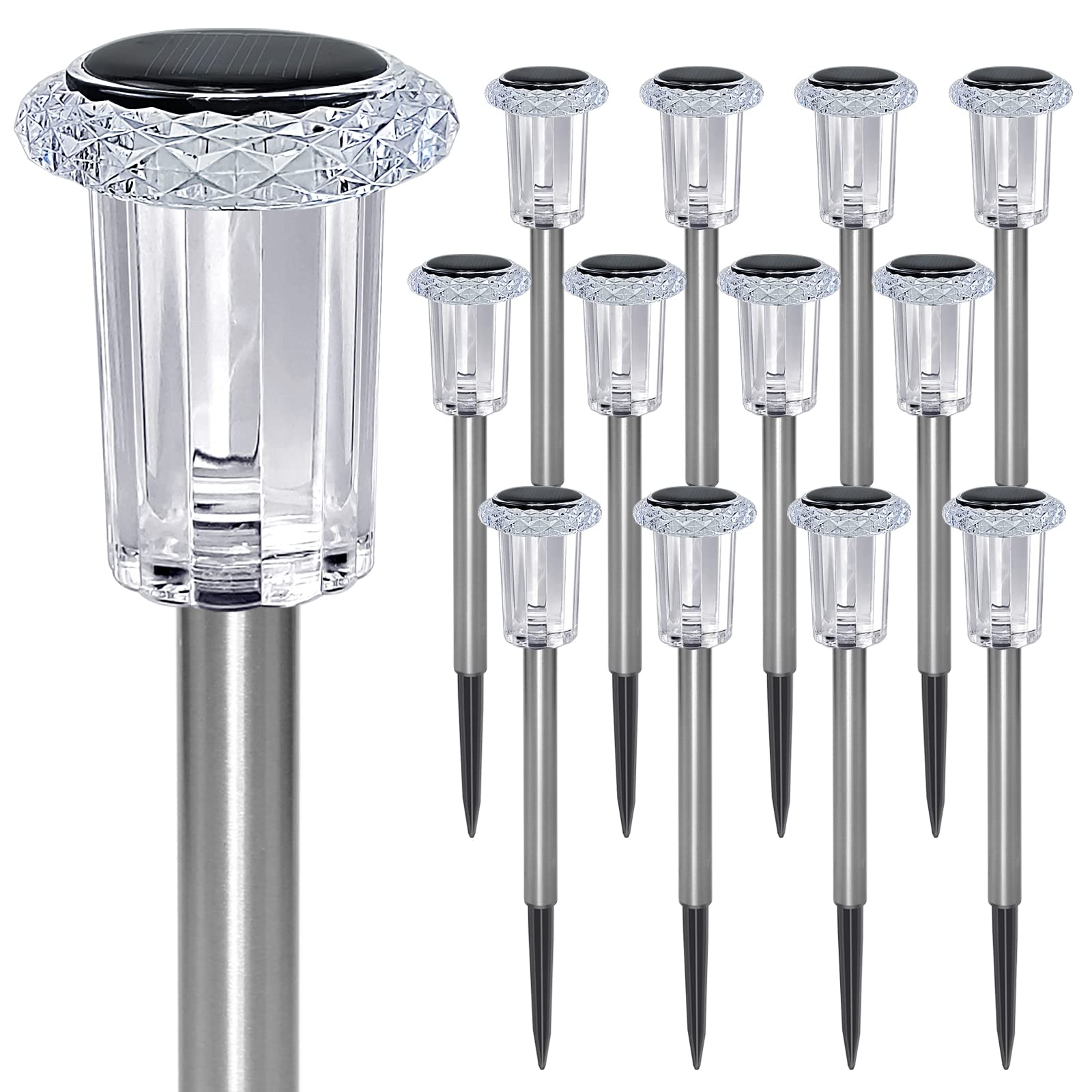 12 Pack Solar Pathway Lights Outdoor - Waterproof Stainless Steel Solar Powered Garden Lights for Patio, Lawn, Yard, Walkway & Landscape Decor (Cool White) | Weatherproof & Energy Efficient Solar Lighting for Driveway, Backyard, Garden Path