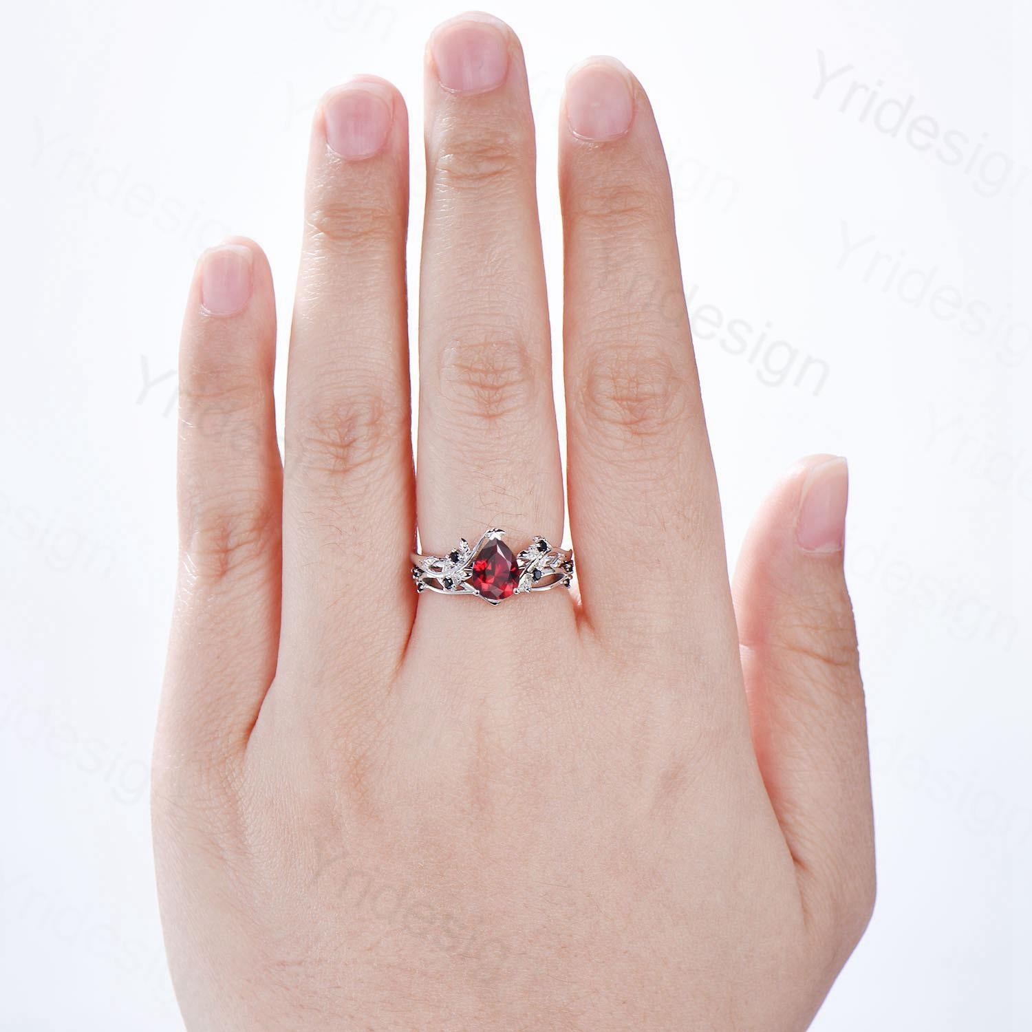 Natural Garnet Ring Set for Women - Pear Shaped Garnet Engagement Ring with Leaf Vine Black Spinel Band, January Birthstone Jewelry for Bridal & Wedding - Perfect for Anniversaries, Proposals & Special Occasions