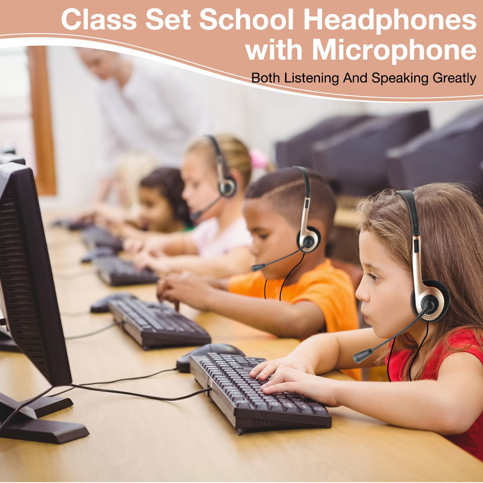 Yunsailing 30 Pack Kids Classroom Headphones with Microphone - Bulk School Headphones for Students, Lightweight Adjustable On-Ear Headphones with 3.5mm Jack (Rose Gold) - Perfect for Online Learning, School Computer Labs & Distance Education