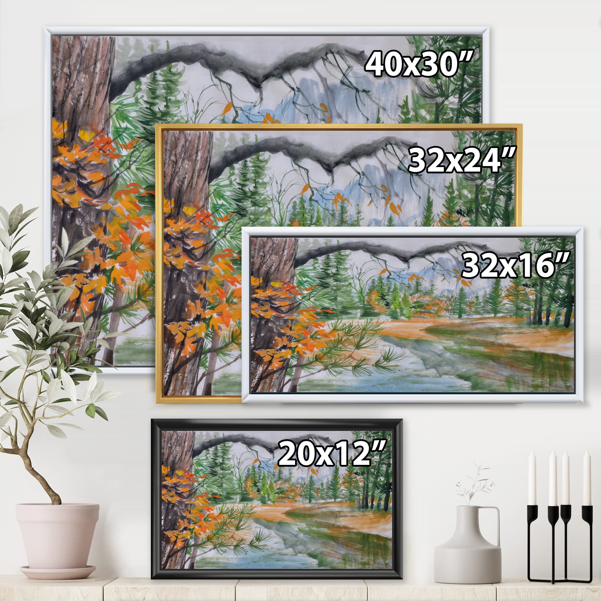 DesignQ Autumn Forest River with Trees - Framed Canvas Wall Art Print for Lake House Decor, Living Room, Bedroom & Office