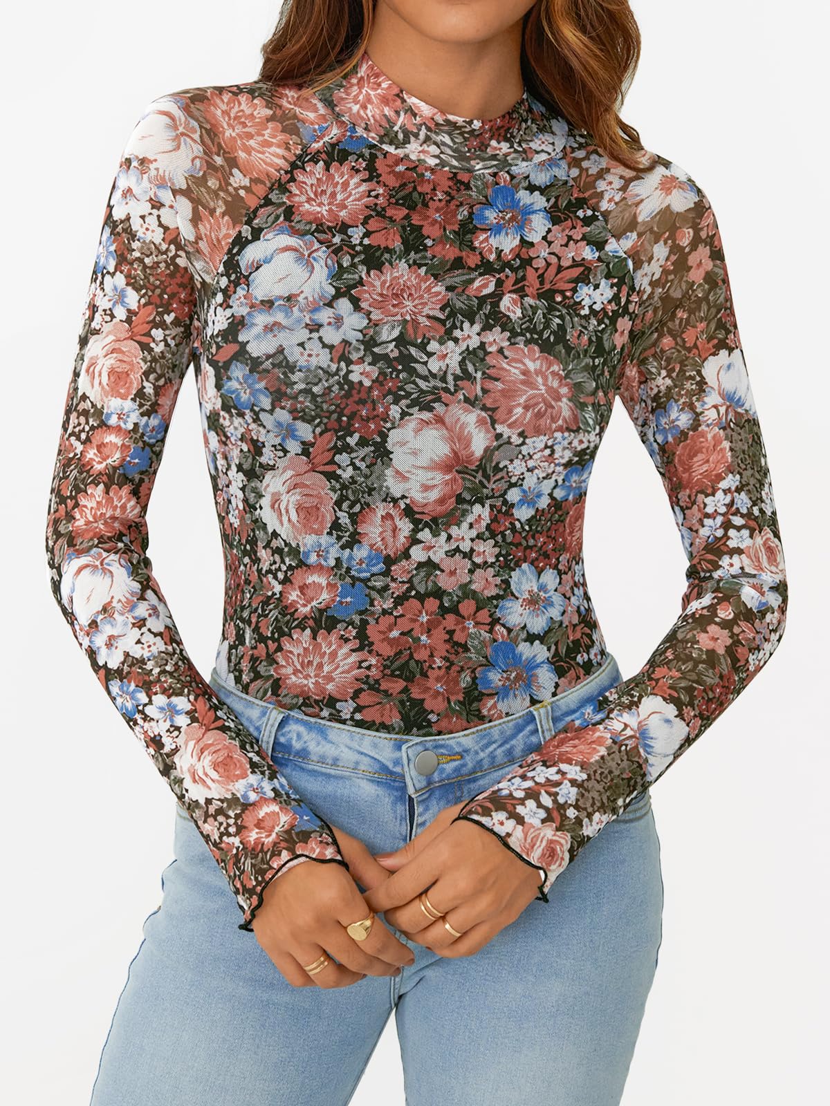 AUTOMET Women's Long Sleeve Lace Floral Mesh Mock Neck Top - Elegant Spring Fashion Blouse for Party, Date Night & Special Occasions 2025