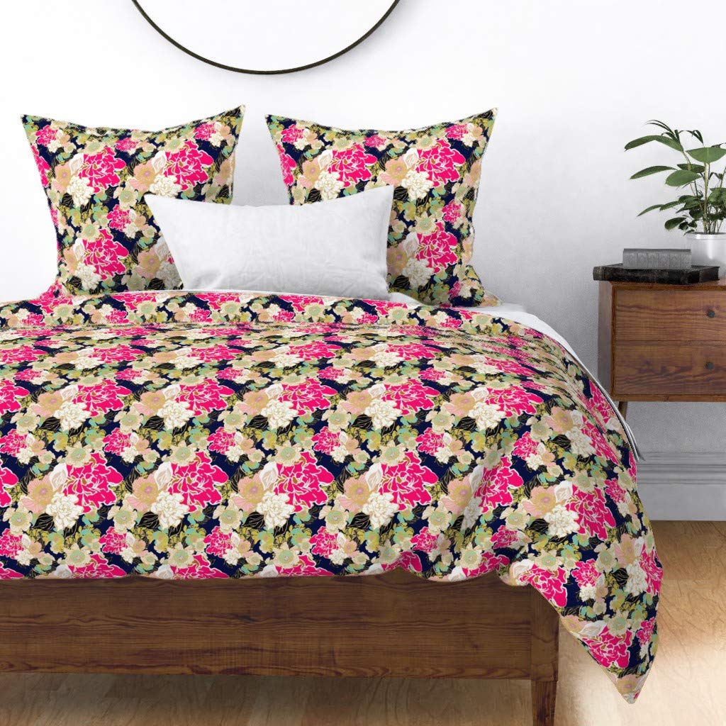 Custom Jungle Passion Floral Dark Blue Vintage Tropical Botanical Pink Print Cotton Sateen Duvet Cover for King/California King Beds - Luxury Bedding for Master Bedroom, Guest Room & Tropical-Themed Decor