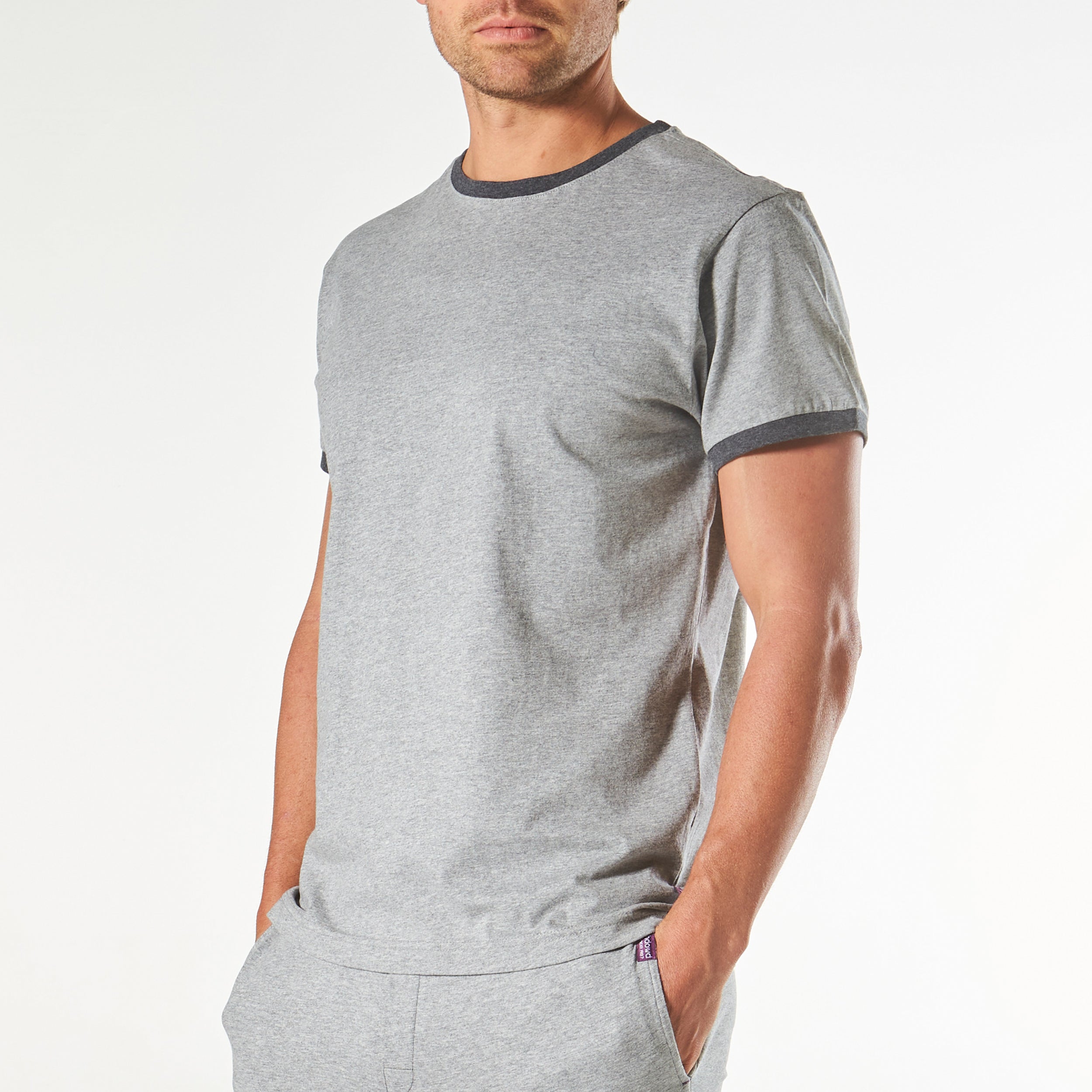 Men's Short Sleeve Contrast Sleep Tee - Grey Marle Cotton Comfort Shirt for Lounge & Nightwear | Perfect for Relaxing at Home, Travel & Sleepovers