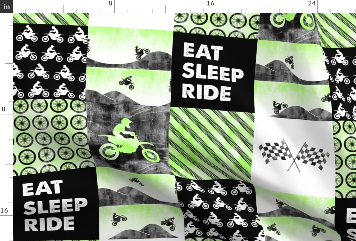 Green Motorcycle Patchwork Cheater Quilt Fabric - Motocross Dirt Bike Eat Sleep Printed on Soft Minky Fabric by The Yard - Perfect for Sewing Baby Blankets, Quilt Backing & Plush Projects - Ideal for Nursery Decor, DIY Crafts & Home Decor