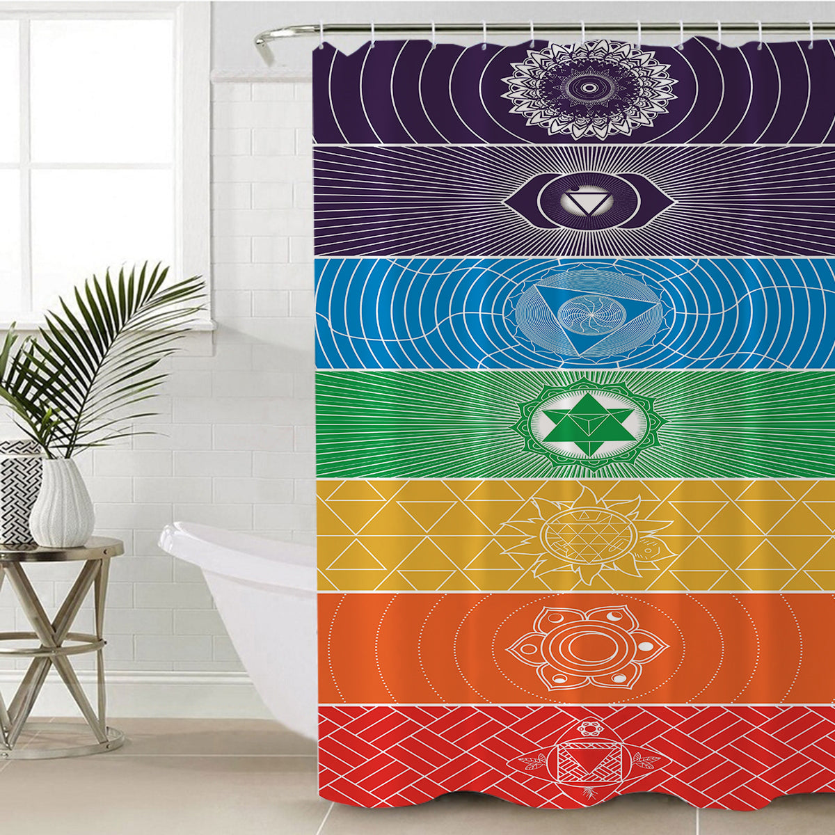 Chakra Yoga Shower Curtain with Spiritual Symbols - Waterproof Bathroom Decor for Meditation & Relaxation - Perfect for Yoga Studios, Spas and Holistic Homes