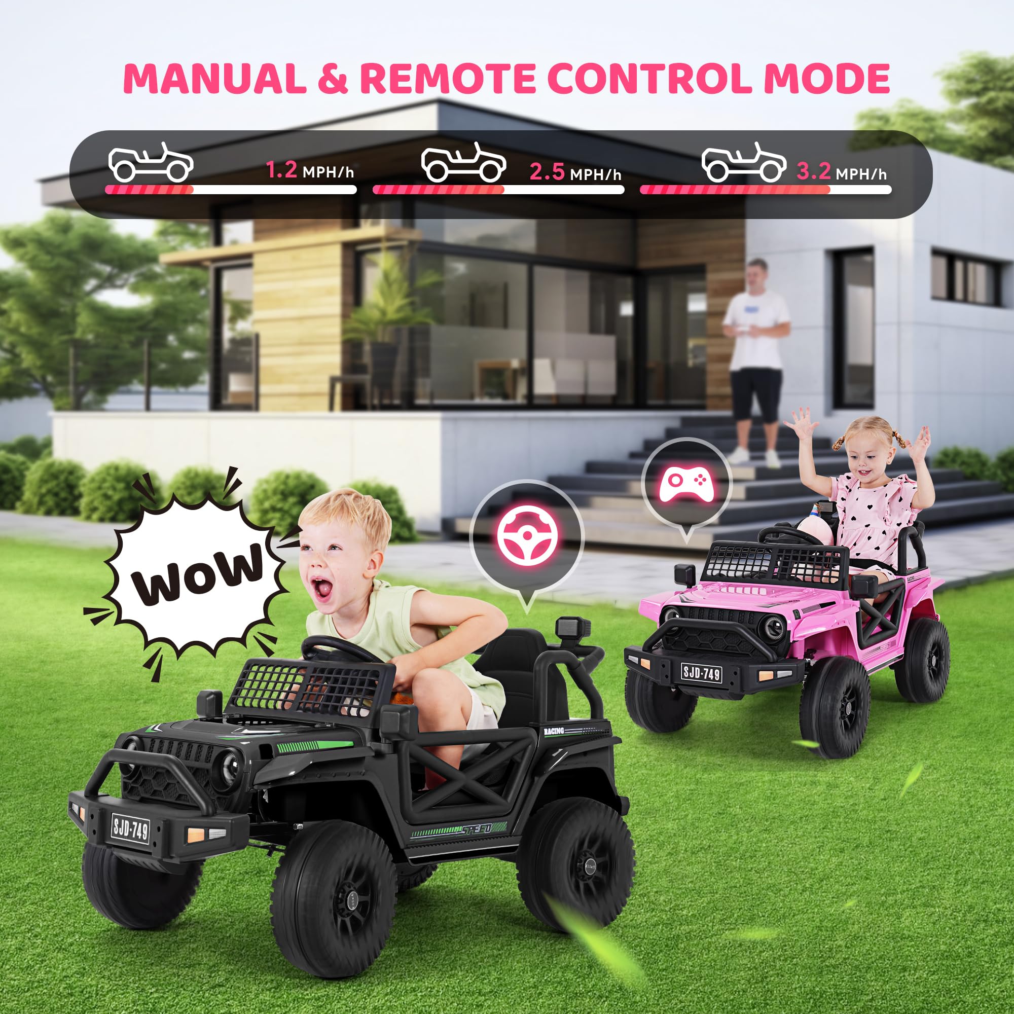 12V Kids Electric Ride-On Truck with Remote Control - 7Ah Battery, 2 Speed Modes, LED Lights & Music | Toddler Electric Jeep Toy for Boys & Girls (Pink) | Perfect for Indoor Play & Outdoor Backyard Fun