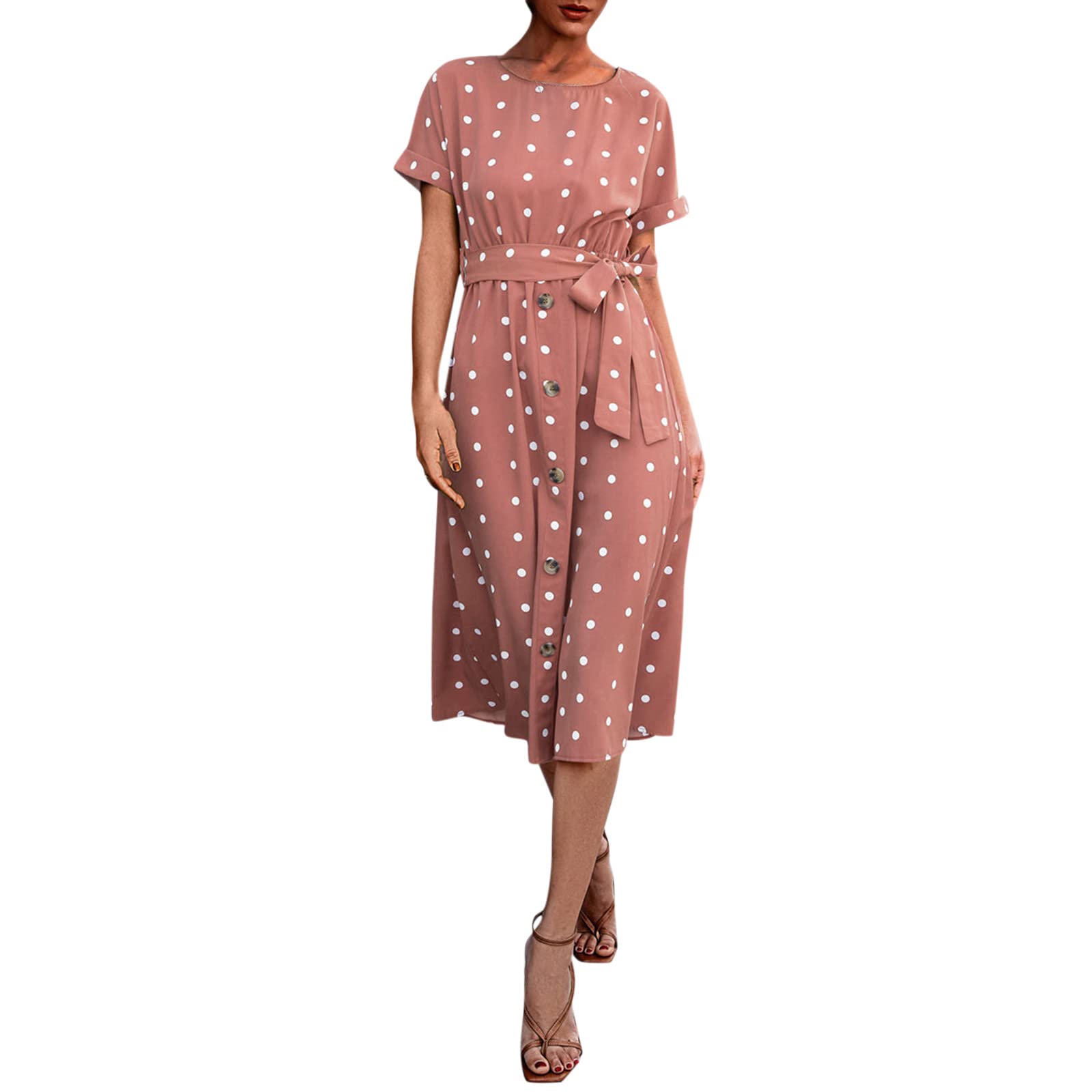 Women's Summer Beach Dress - Polka Dot Print Short Sleeve Midi Dress with Belt | Casual Flowy Dress for Vacation, Poolside, and Outdoor Activities