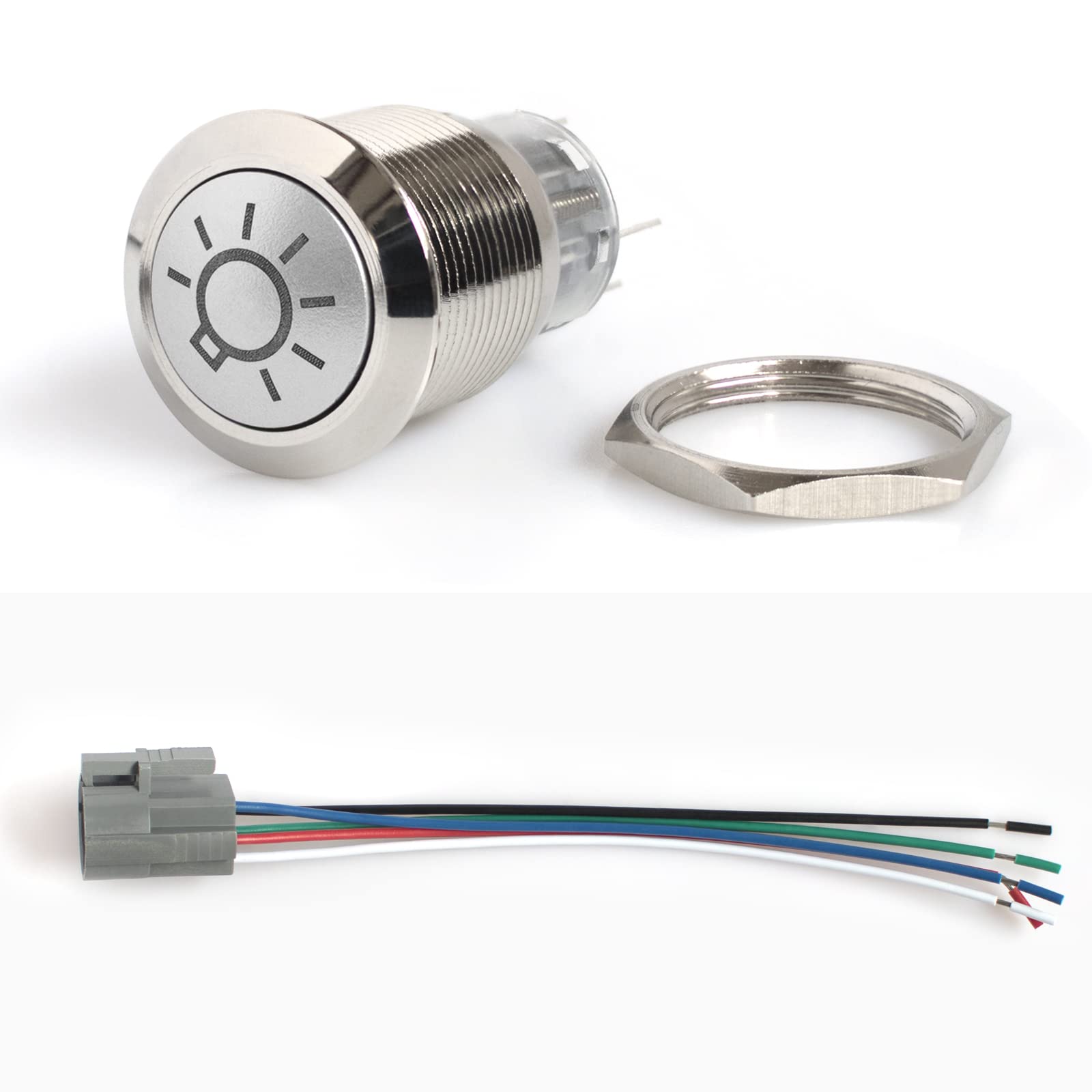 19mm Latching Metal Push Button Switch with Light Bulb Symbol - White LED Illumination, 5-Pin Waterproof Self-Locking Switch (12V/24V) with Cable Socket - Perfect for Marine, Industrial Equipment & Automotive Control Panels