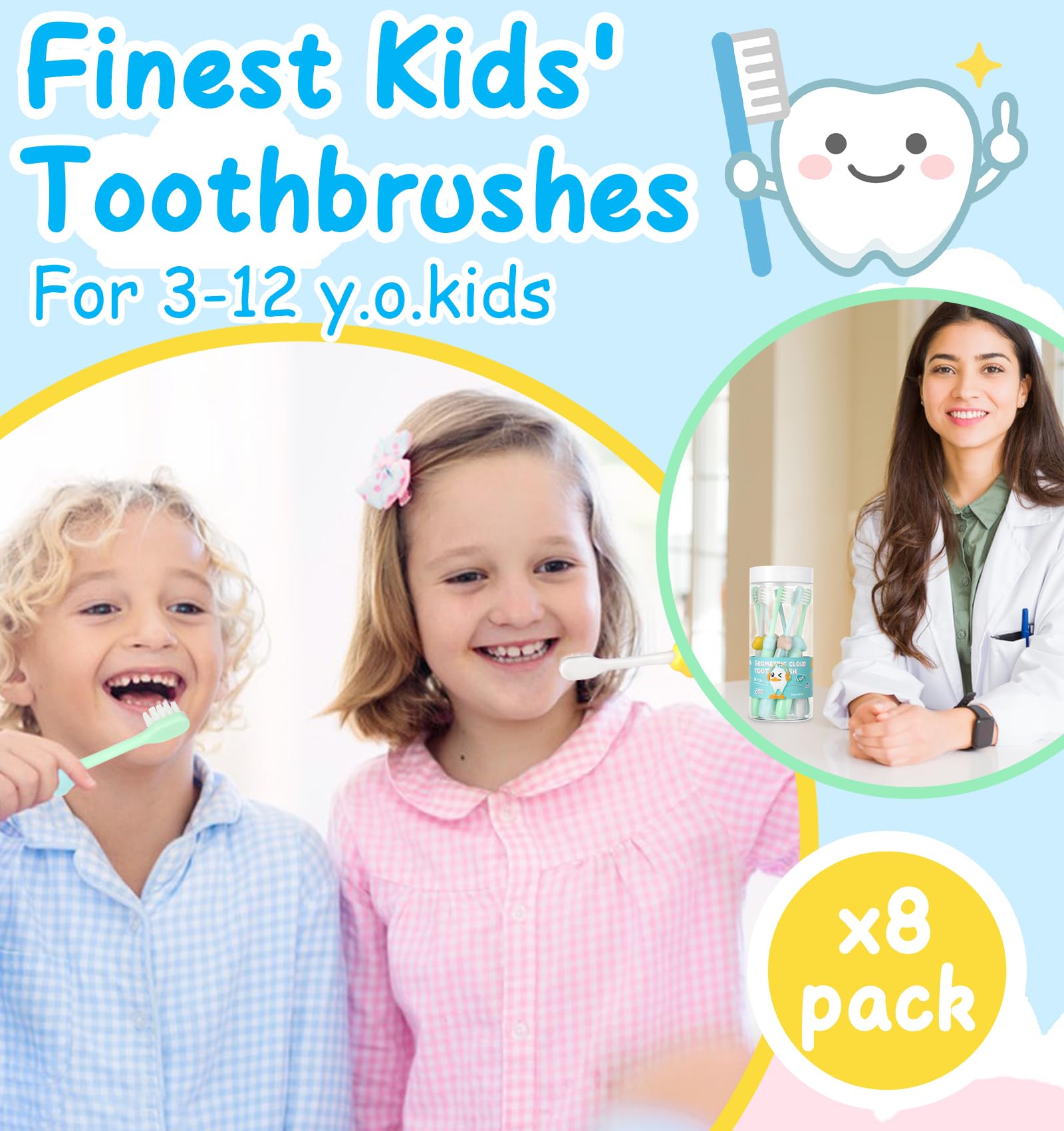 8 Pack Kids Toothbrushes with Soft Bristles - Colorful Clouds & Geometric Designs for Toddlers Ages 2-12 | Gentle Dental Care for Morning & Night Routine, Travel, School & Home Use