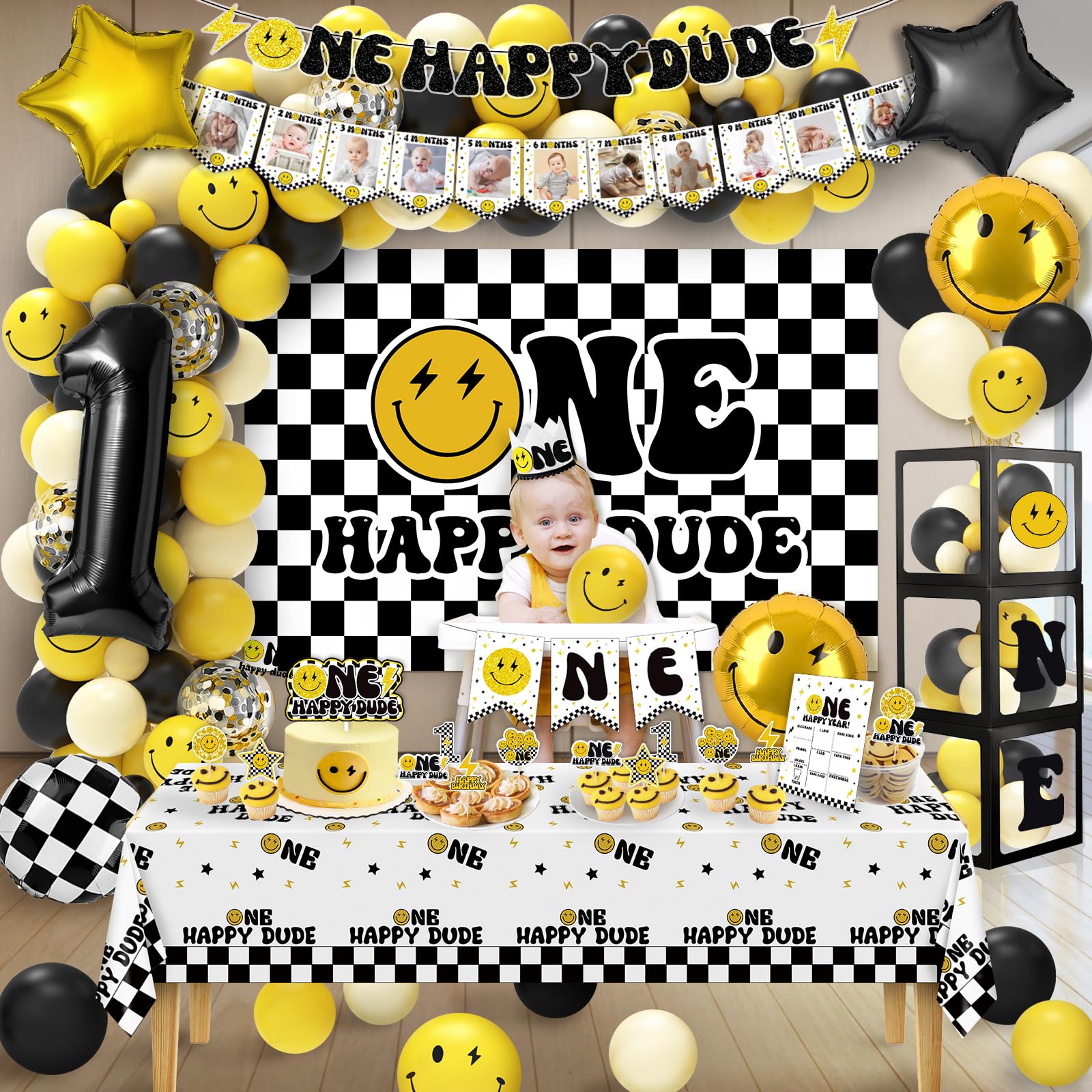 Lightning Bolt 1st Birthday Party Decorations Set - Backdrop, Balloons Arch, High Chair Banner & Gift Box | Gender Neutral Baby Boy & Girl First Birthday Theme | Perfect for Cake Smash Photos & Milestone Celebrations
