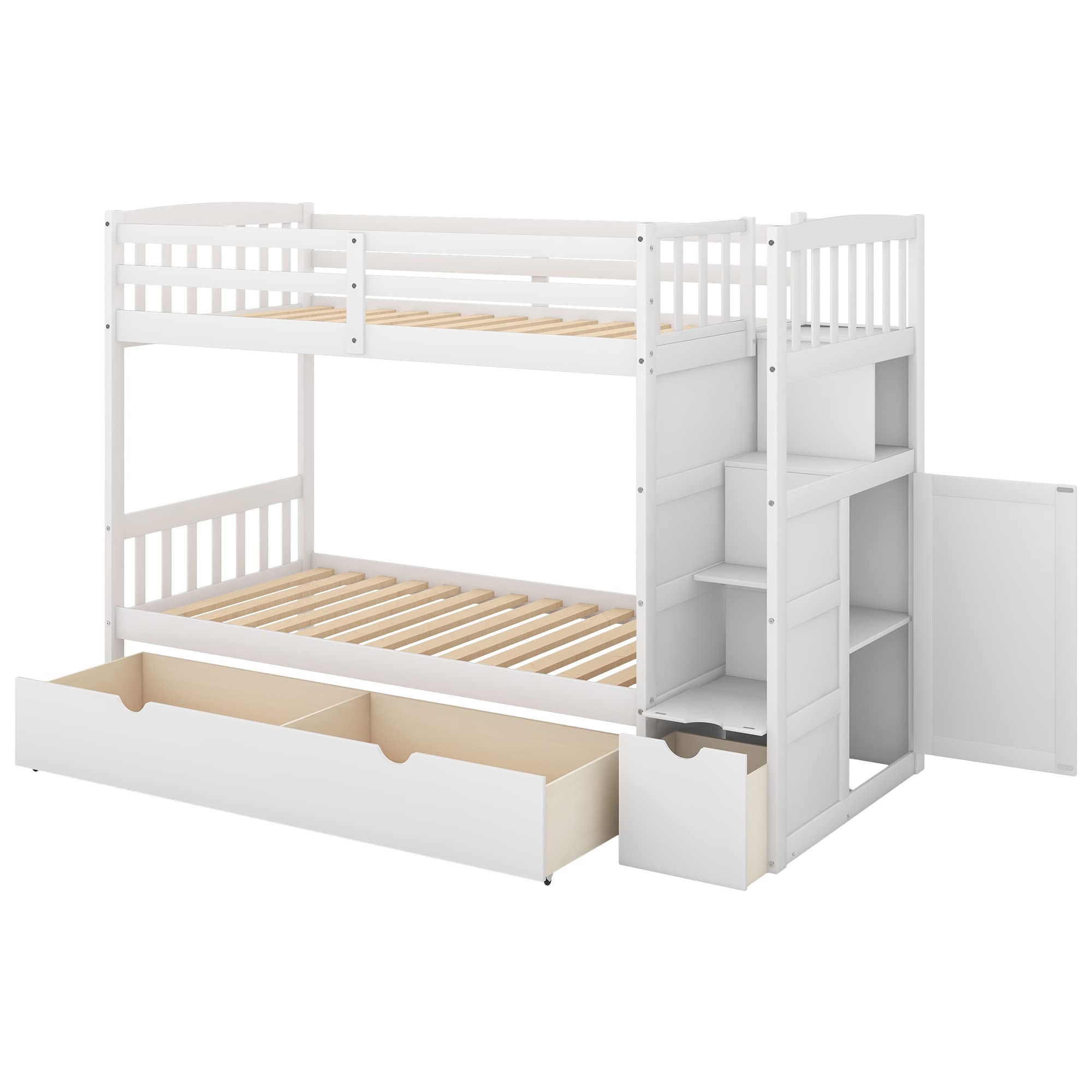LZ LEISURE ZONE Twin Over Full Bunk Bed with Drawers & Storage Shelves - Sturdy Wood Bunk Bed Frame, Convertible Bottom Bed, No Box Spring Required (White) - Perfect for Kids' Bedroom, Guest Room & Small Space Saving Solution