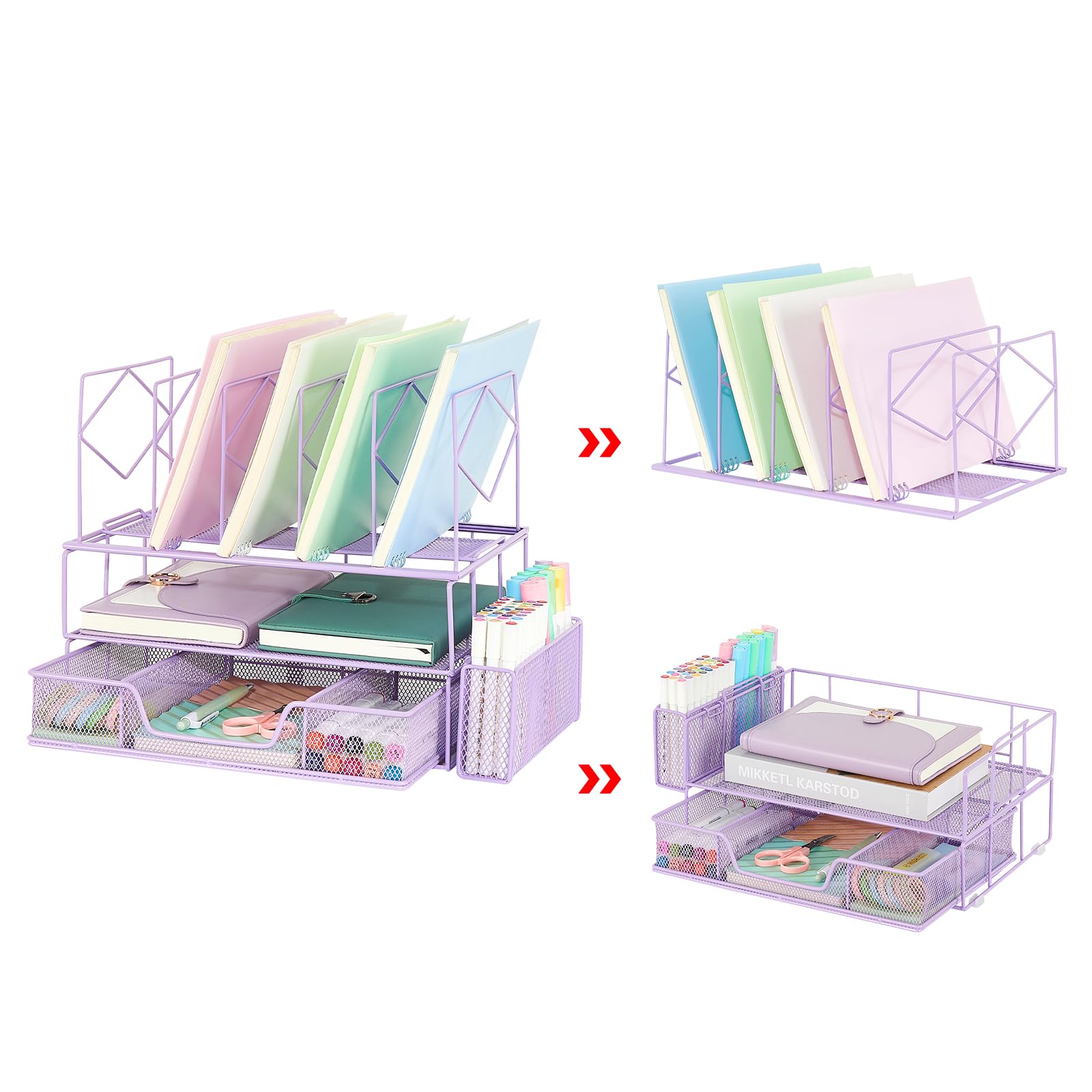 Youbetia Purple Desk Organizer with Pencil Holder, Drawer & Double Tray - 5 Upright Sections for Office Supplies Organization - Perfect for Home Office, School & Workspace Accessories