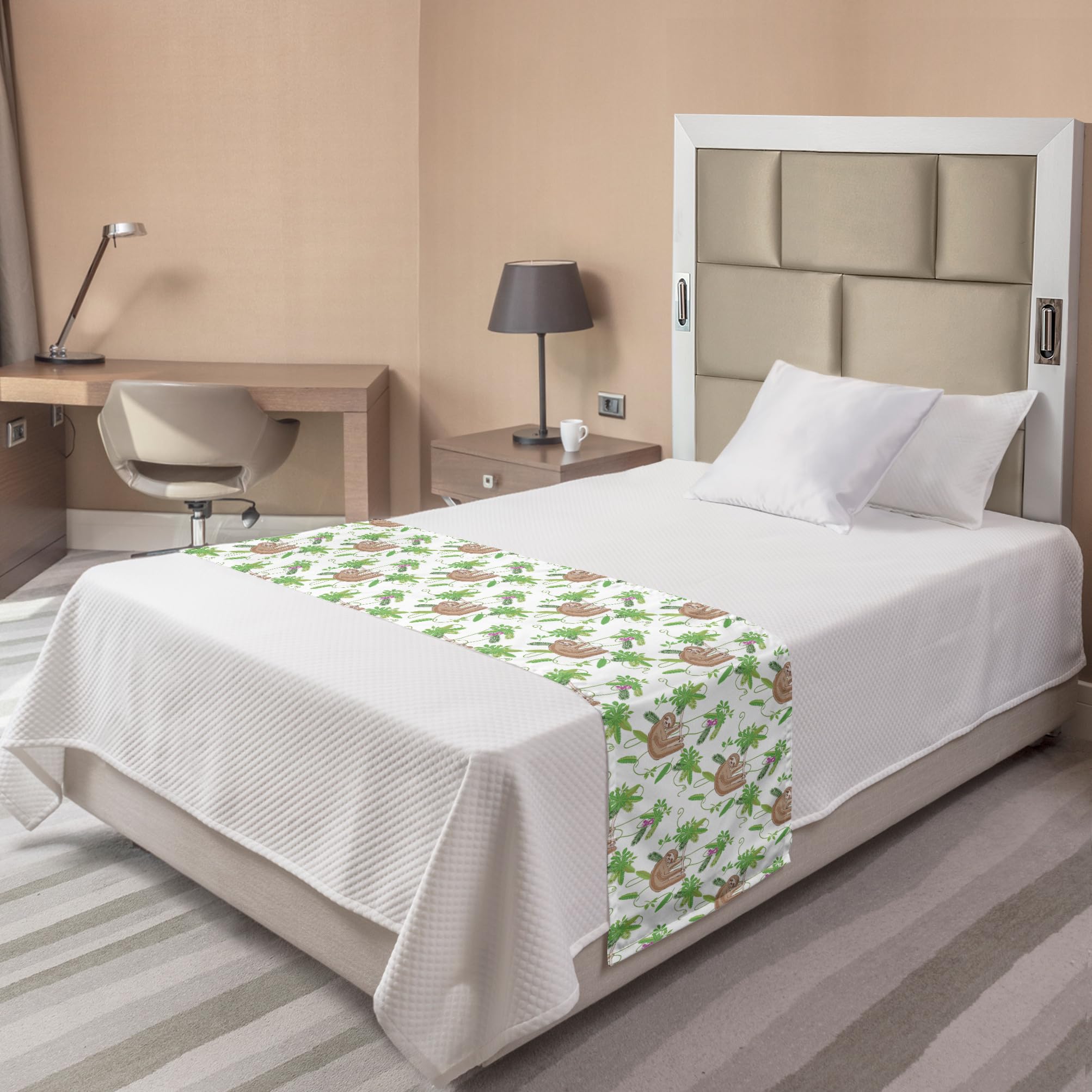 Ambesonne Funny Sloth Bed Runner - Tropical Leaf Print Decorative Bedding Scarf for Home & Hotel Decor | Nature-Inspired Lime Green & Umber Design | Perfect for Guest Rooms, Master Bedrooms & Vacation Rentals