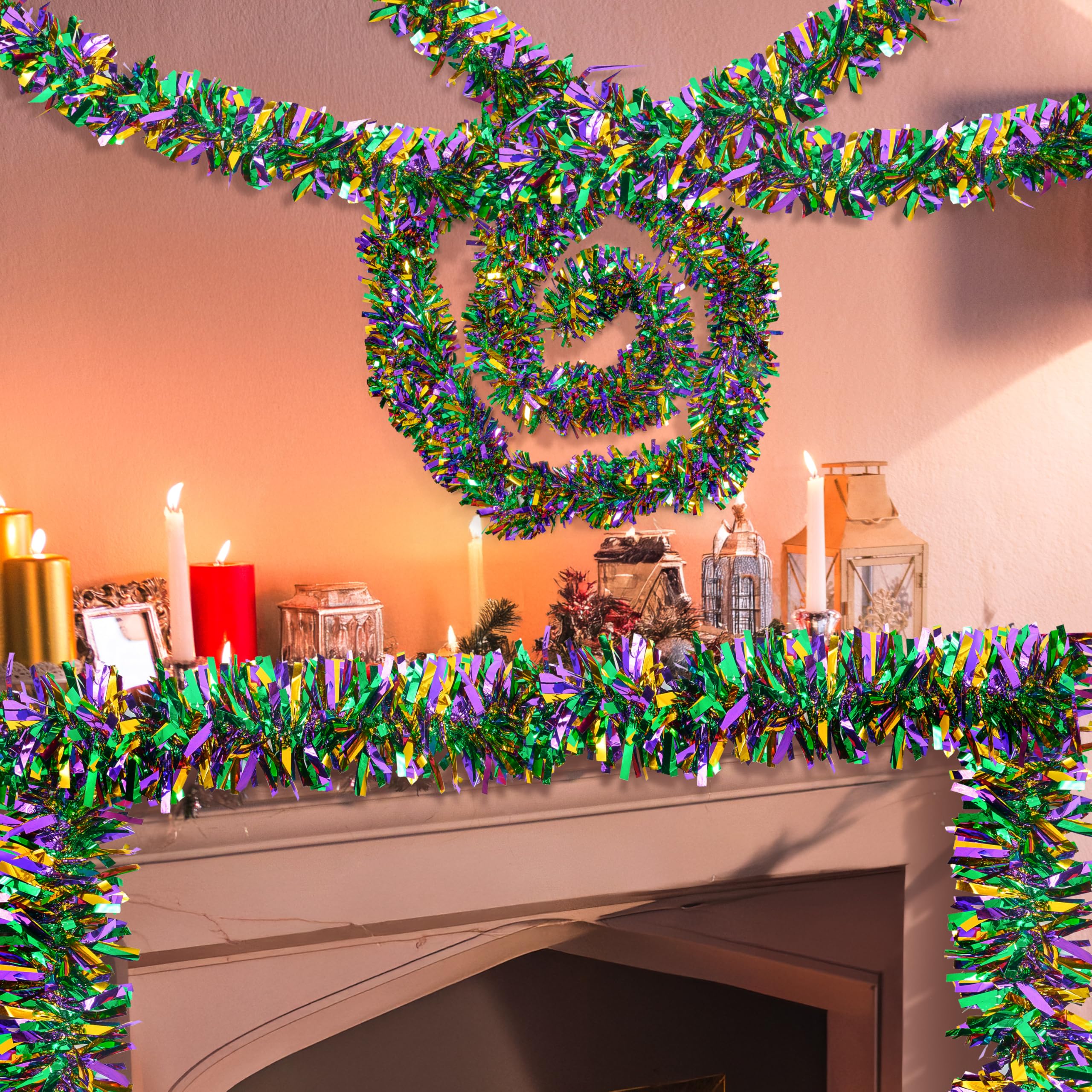JOYIN 4-Piece Mardi Gras Tinsel Garland Set - 66 Feet Gold Green Purple Metallic Streamers for Party Decorations | Sparkling Glittering Hanging Decor for Indoor & Outdoor Mardi Gras, Carnival, New Year, Birthday Celebrations