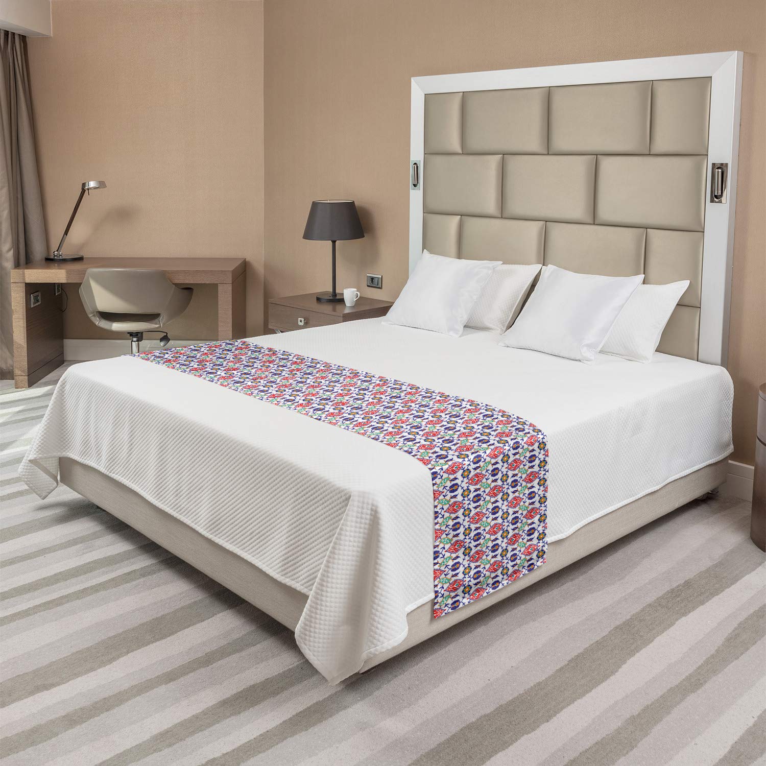 Ambesonne Traditional Moroccan Mosaic Bed Runner - Ottoman Style Decorative Bed Scarf with Turkish Tile Design for Hotels, Homes & Guest Rooms | Perfect for Master Bedrooms, Luxury Bedding Accents & Boho Chic Decor