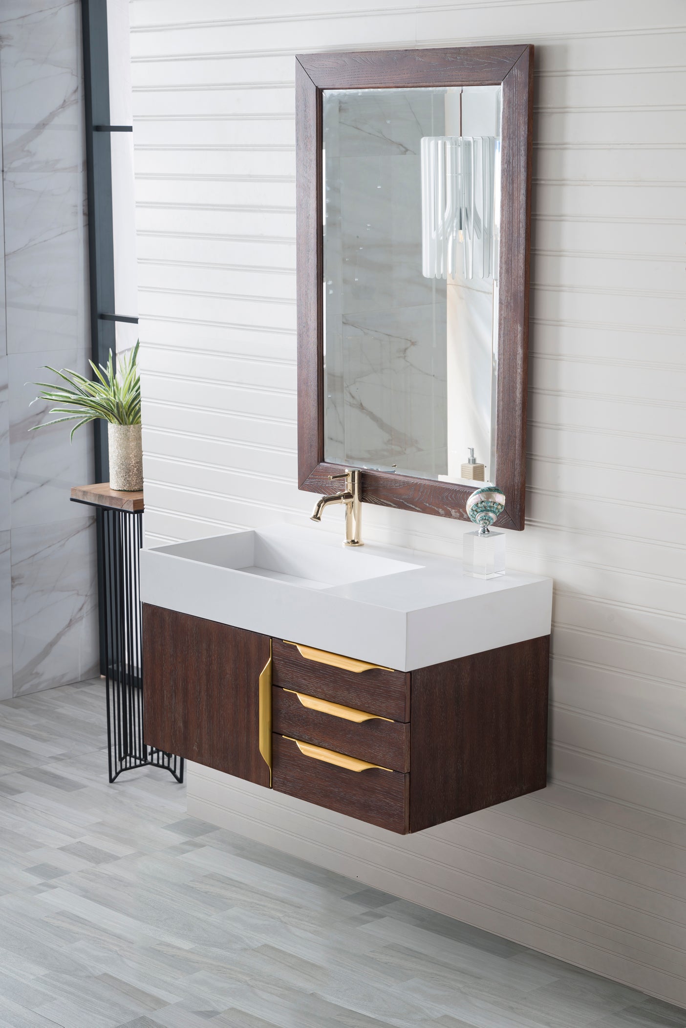 Mercer Island 36 Inch Single Bathroom Vanity in Coffee Oak with Radiant Gold Hardware & Glossy White Composite Top - Perfect for Modern Master Bathrooms and Powder Rooms