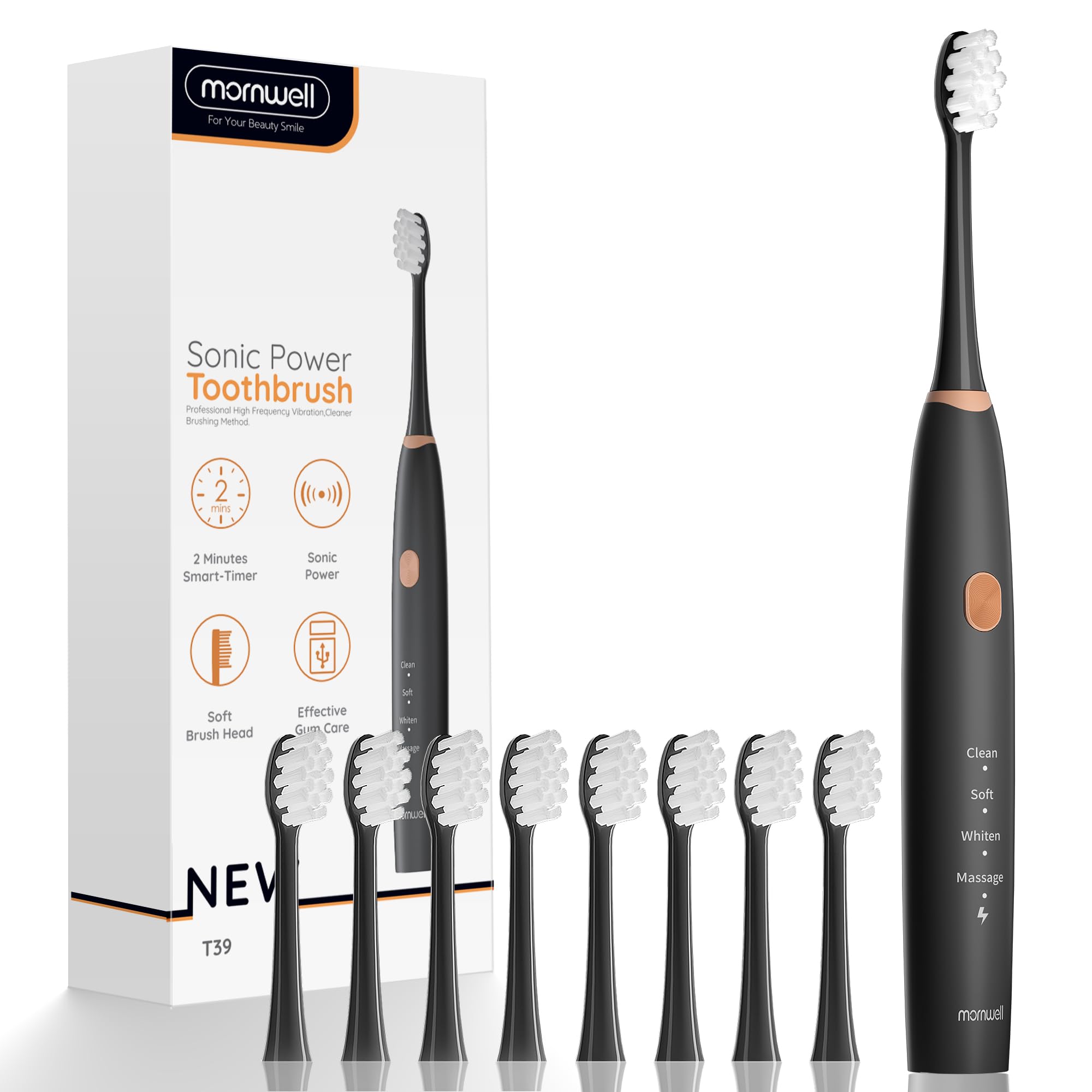 Mornwell Sonic Electric Toothbrush - Rechargeable Toothbrush with 8 Brush Heads, 76,000 VPM Deep Cleaning, 4 Modes, Fast Charging (4 Hours for 45 Days Use) - Perfect for Travel, Home & Family Oral Care for Adults & Kids