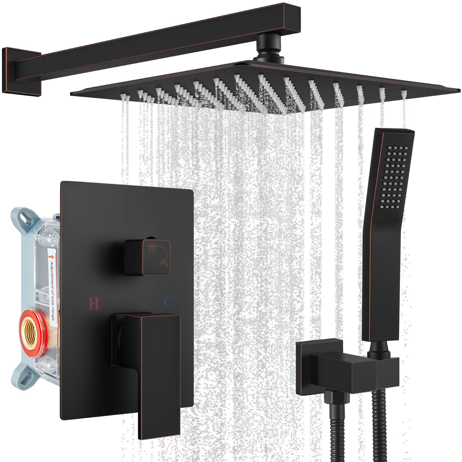 Gotonovo 12 Inch Rainfall Shower System - Oil Rubbed Bronze Wall Mounted Shower Head with Pressure Balancing Mixer Valve & Handheld Sprayer - Complete Bathroom Shower Combo for Luxurious Spa Experience