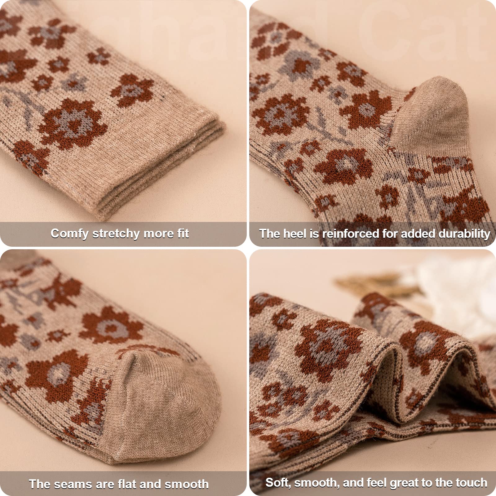 Vintage Wool Socks for Women - 5 Pairs Cozy Crew Socks with Unique Print | Christmas Gifts & Winter Wear