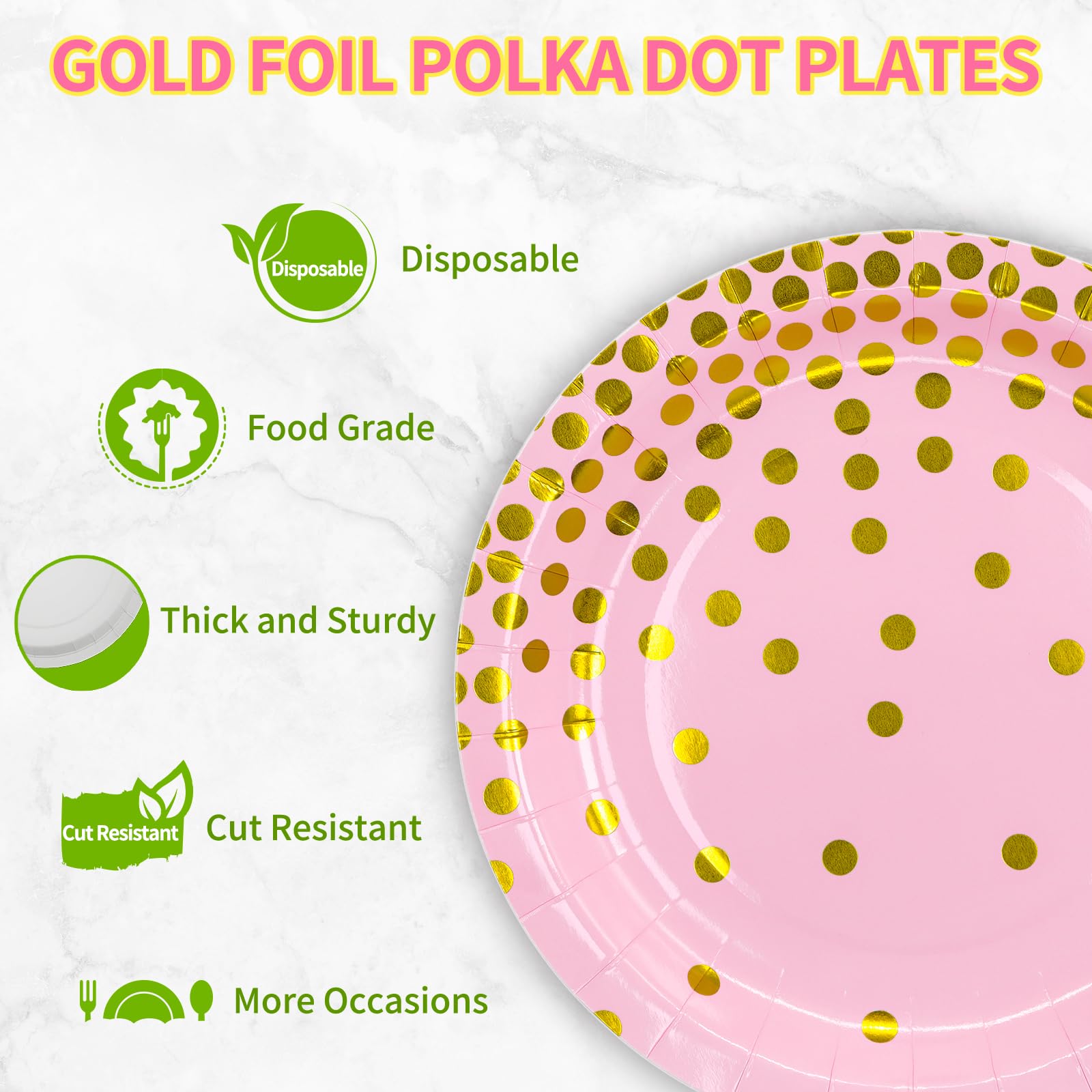 DYLIVeS 7 Inch Disposable Pink & Gold Metallic Foil Polka Dot Paper Plates - 50 Pack for Birthday, Bridal Shower, Easter, Graduation Party | Elegant Dessert & Cocktail Party Supplies | Perfect for Indoor/Outdoor Celebrations & Special Events