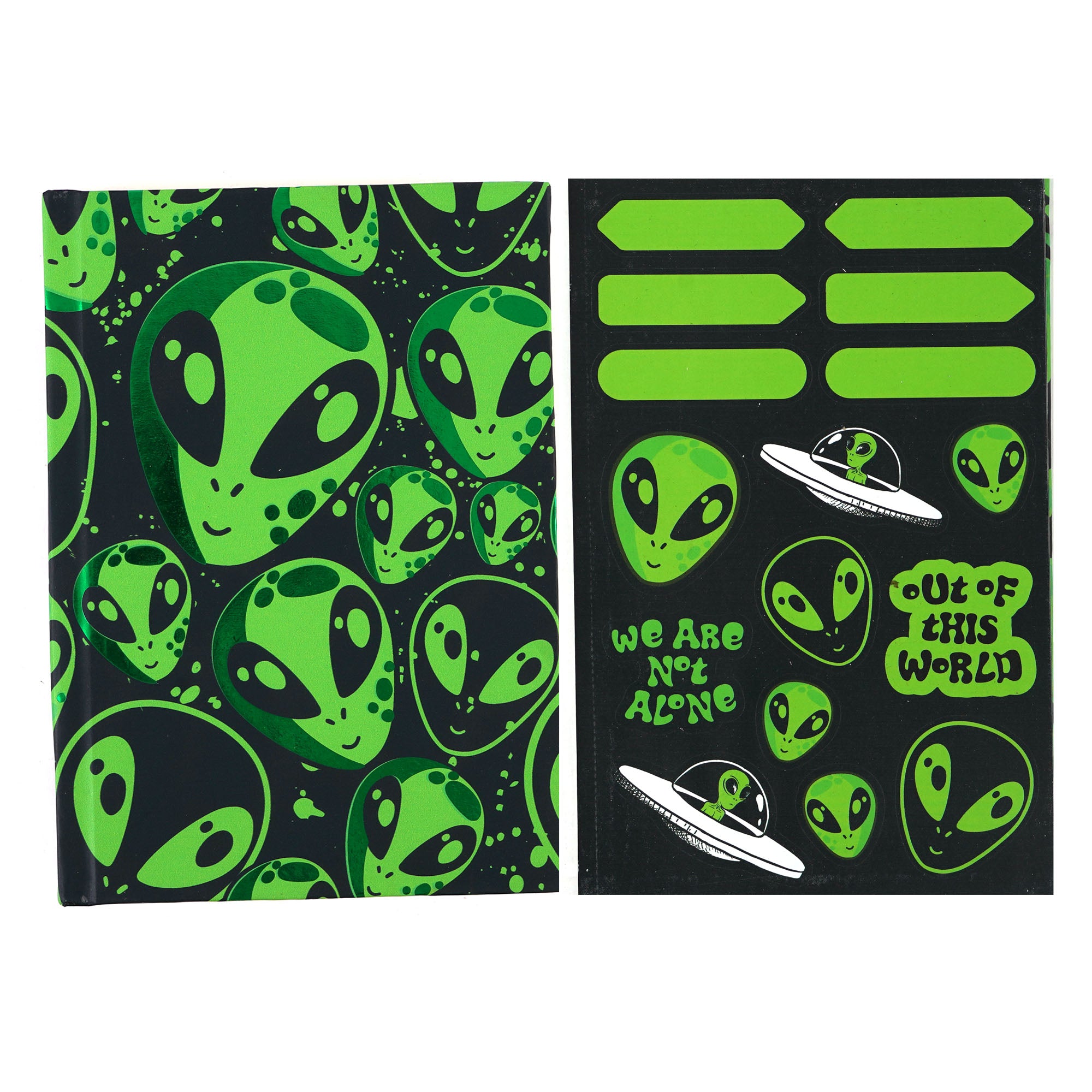 160 Sheet/320 Page Hardcover Notebook with 2 Sticker Sheets & Gold Gilded Edges - Alien Toss Design, 8.5