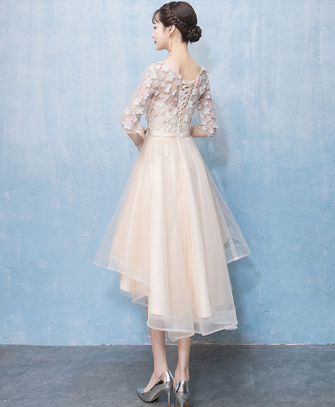 Elegant Light Champagne Tulle Lace High-Low Prom Dress for Homecoming | Formal Evening Gown for Dances, Weddings & Special Occasions