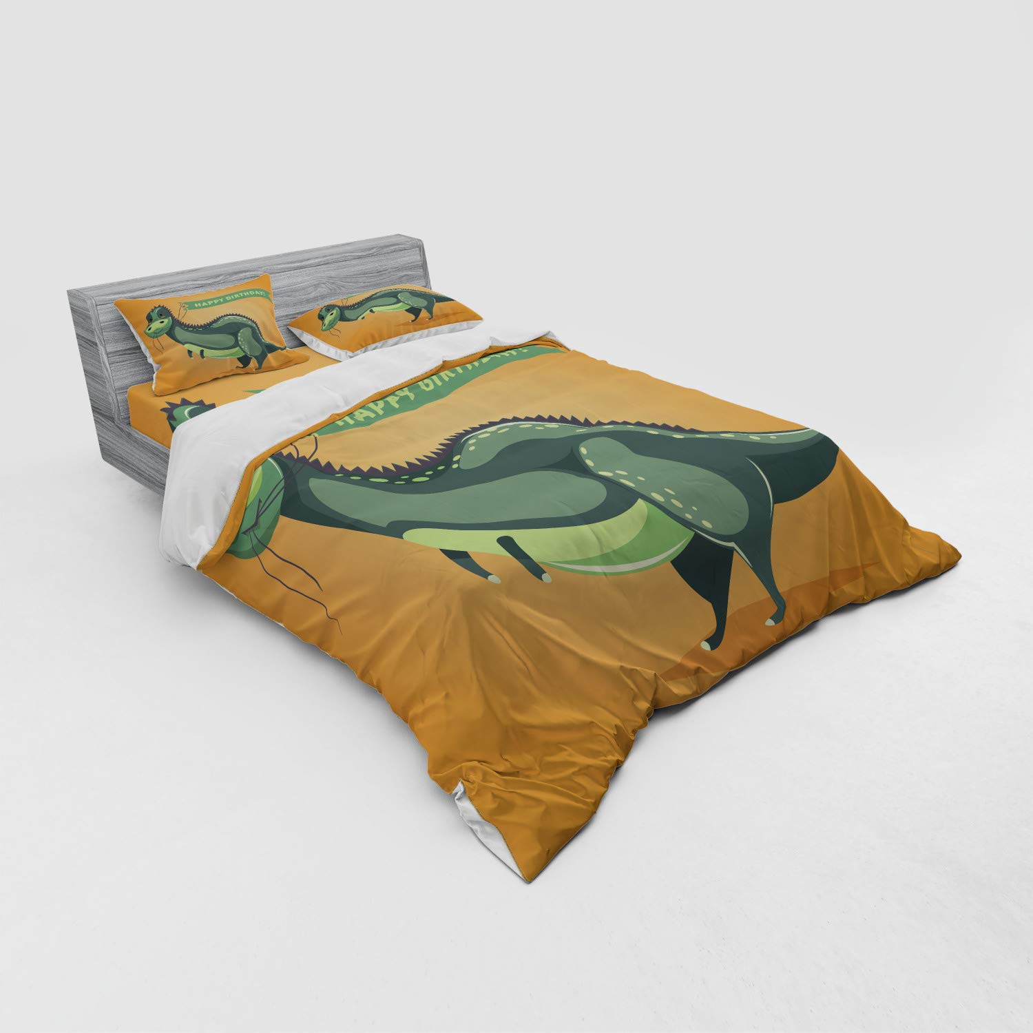Ambesonne Dinosaur Birthday Bedding Set - 4 Piece Queen Size Duvet Cover with Shams & Fitted Sheet, Funny Cartoon Dino Holding Ribbon Design in Green & Orange - Perfect for Kids' Rooms, Birthday Parties & Themed Bedroom Decor