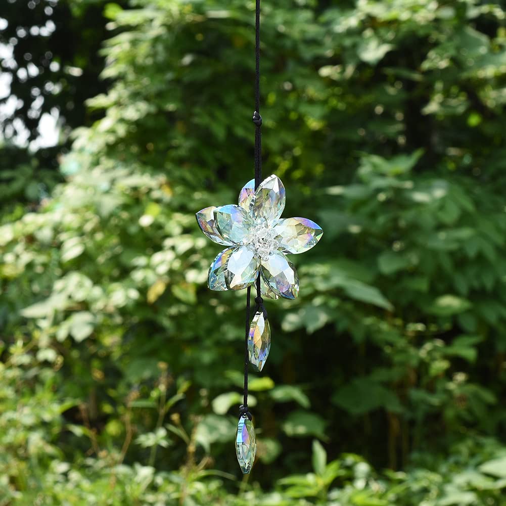 Crystal Flower Car Rear View Mirror Hanging Ornament - Green Crystal Sun Catcher Car Charm, Lucky Car Pendant for Auto Interior Decoration, Perfect for Daily Commute and Road Trips