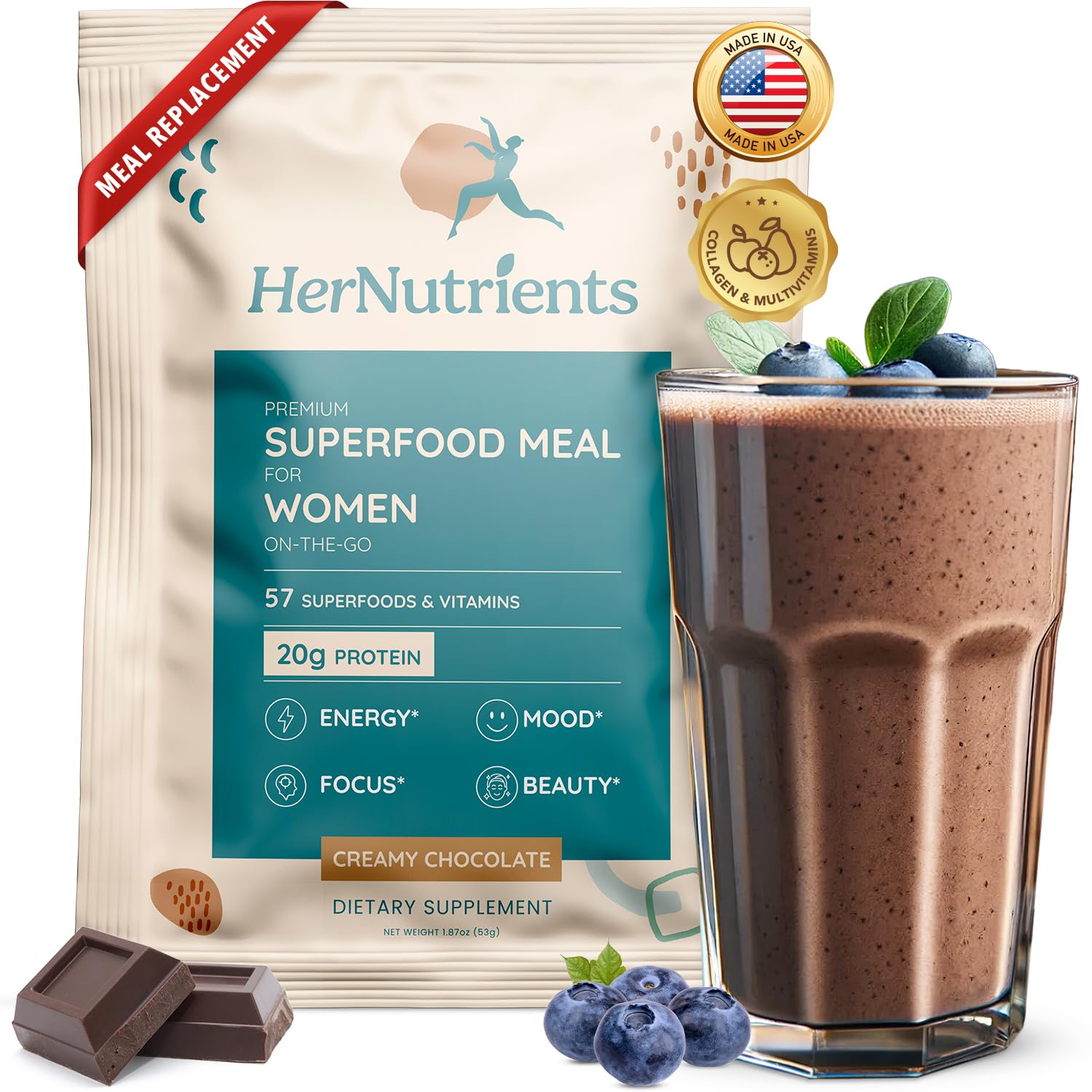 SuperFood Meal Replacement Protein Powder for Women - All-In-One Shake with Greens, Vitamins & Collagen | Chocolate Flavor, No Added Sugar | Supports Women's Health, Energy, Focus & Beauty | Perfect for Breakfast, Post-Workout or Healthy Snack (1 Sample Packet, Chocolate)