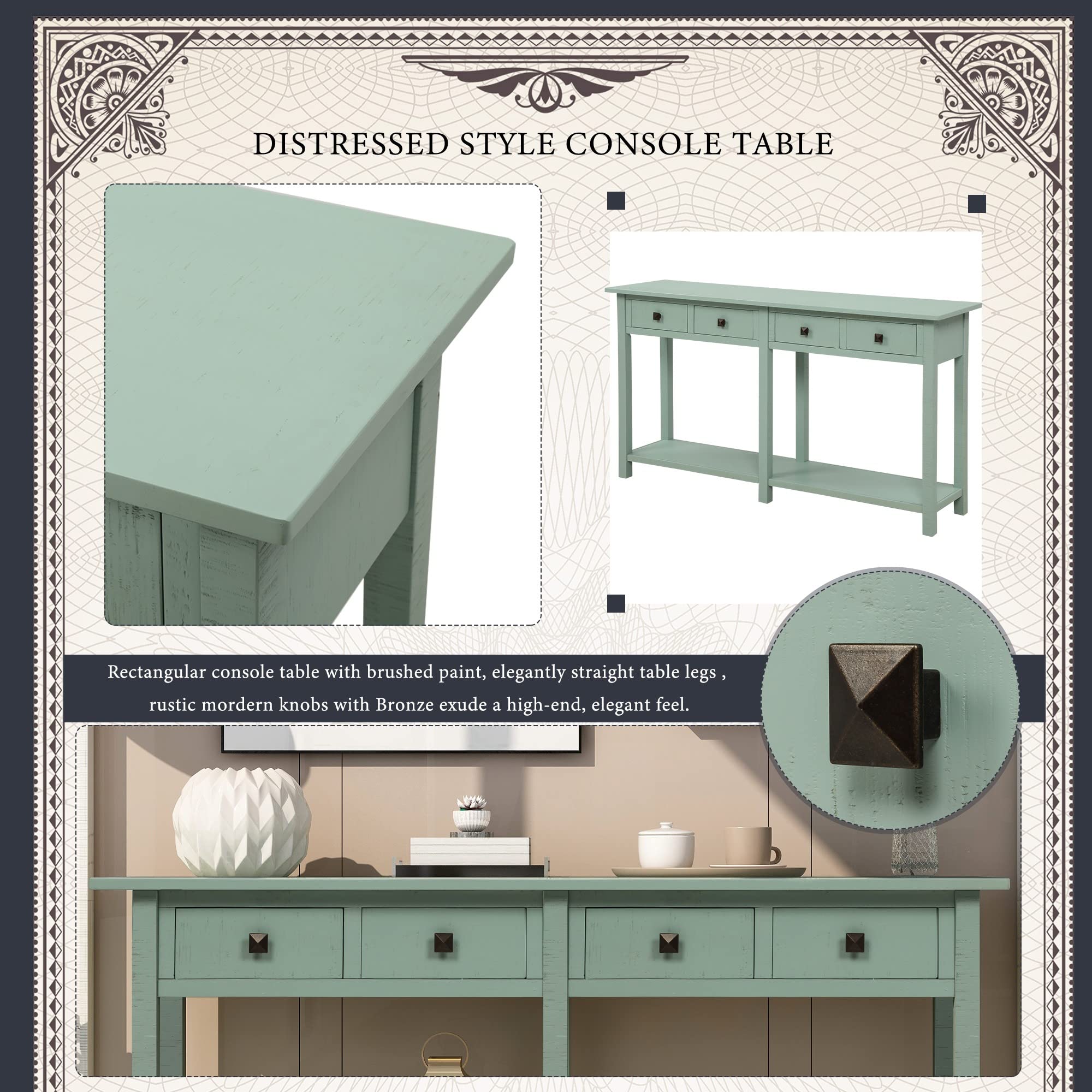 Rustic Brushed Texture Entryway Console Table with Drawers & Bottom Shelf - Farmhouse Style Hallway Sofa Table for Living Room, Entryway & Foyer Decor
