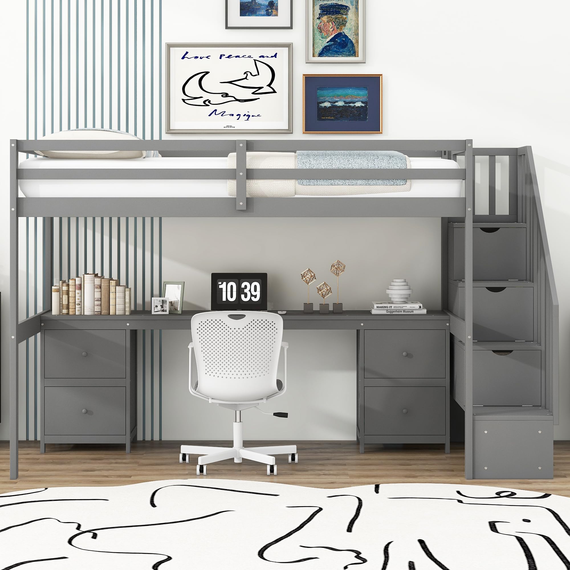 Harper & Bright Designs Twin Size Wood Loft Bed with Stairs, Desk & Storage Drawers - Space Saving Kids Bedroom Furniture for Small Rooms, Dorm or Apartment