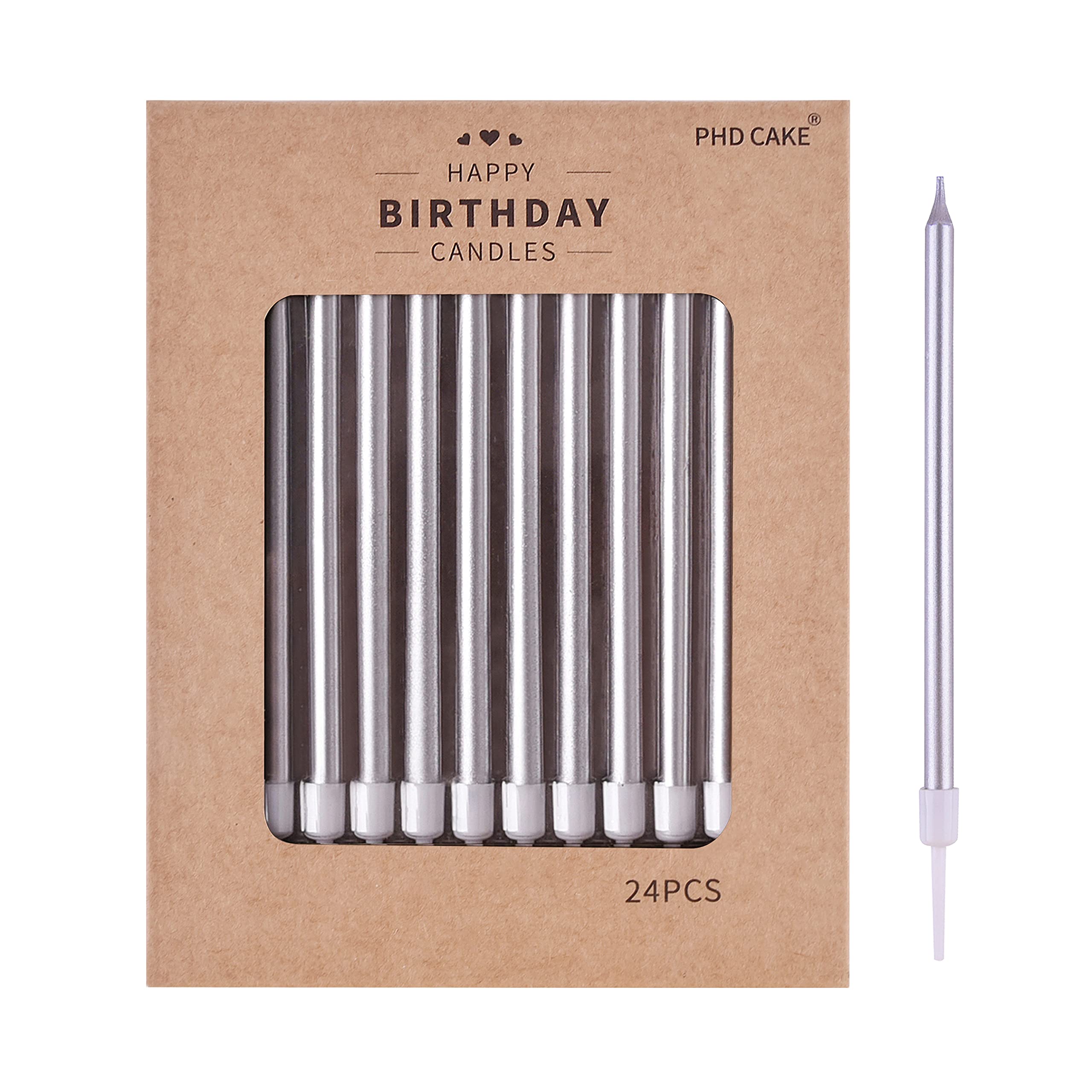 PHD CAKE Silver Long Thin Metallic Birthday Candles - Elegant Cake Candles for Birthday Parties, Wedding Decorations & Special Events - Perfect for Cakes, Cupcakes and Dessert Tables