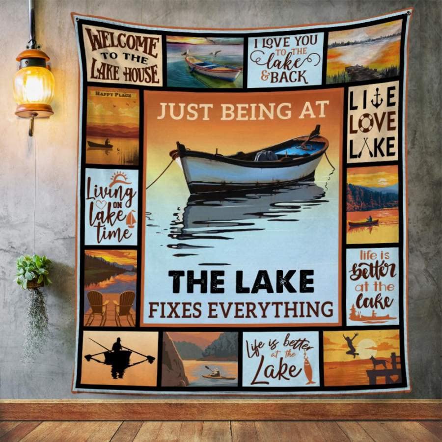 Just Being at The Lake Fixes Everything Blanket - Cozy Fleece Camping Blanket for Outdoor Adventures, Happy Camper Decor, Perfect Gift for Camping Lovers - Ideal for Campsite, Picnics, and Cozy Nights by the Fire