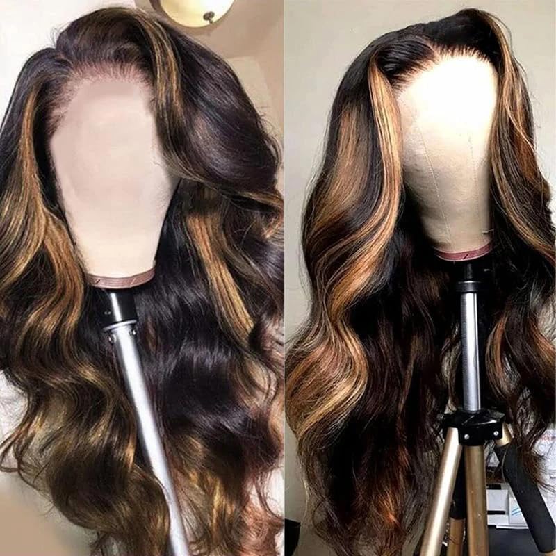 13x6 HD Transparent Lace Front Wig - 26 Inch Pre Plucked Human Hair Balayage Ombre Wigs with 180% Density & Body Wave - Glueless Lace Frontal Wig in Auburn 1/30 for Daily Wear, Parties & Special Occasions