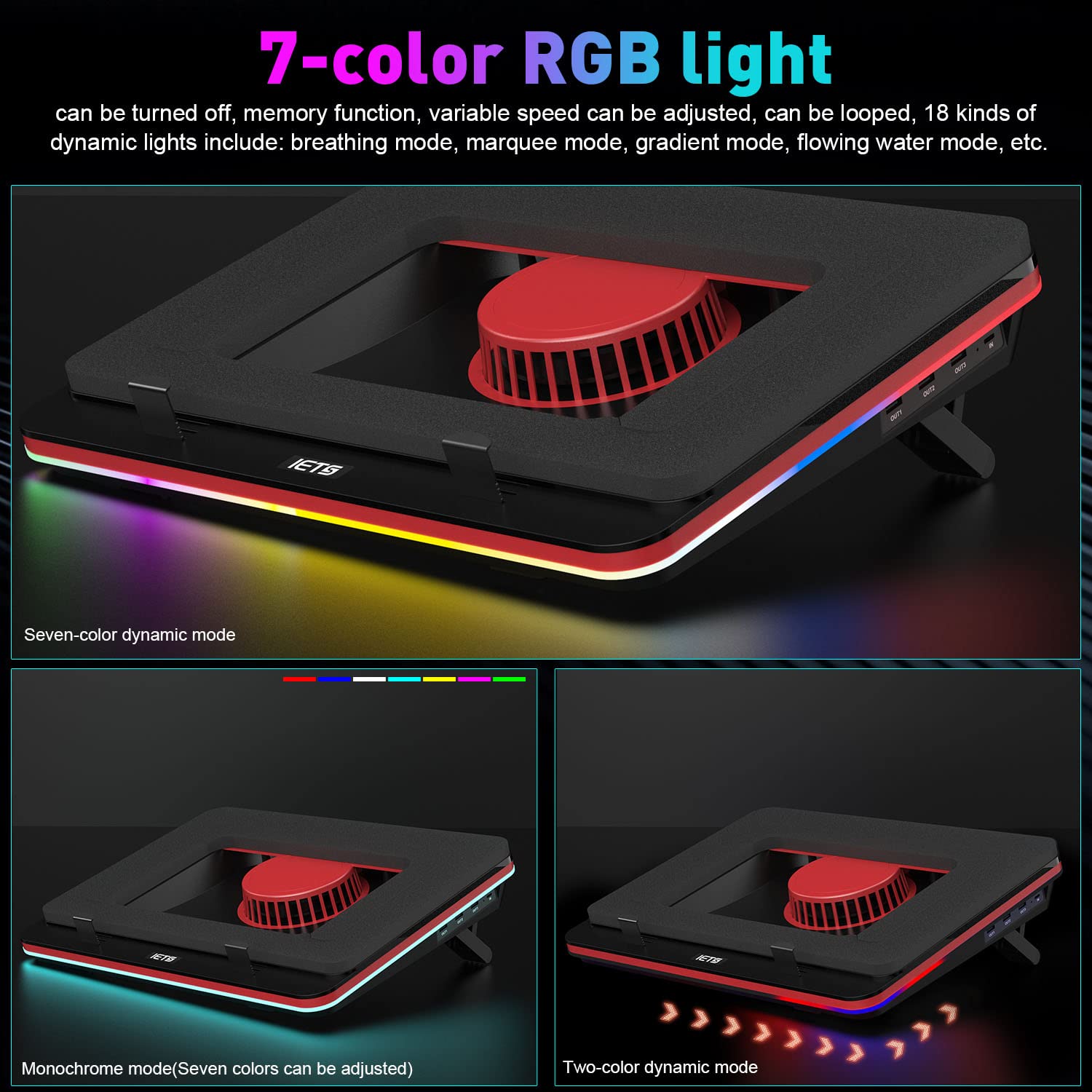 IETS GT500 High-Speed Laptop Cooling Pad with 5000 RPM Turbo Fan, RGB Lighting & 3-Port USB Hub - Adjustable Speed for 13-17.3 Inch Gaming Laptops - Perfect for Intense Gaming, Video Editing & Overheating Prevention