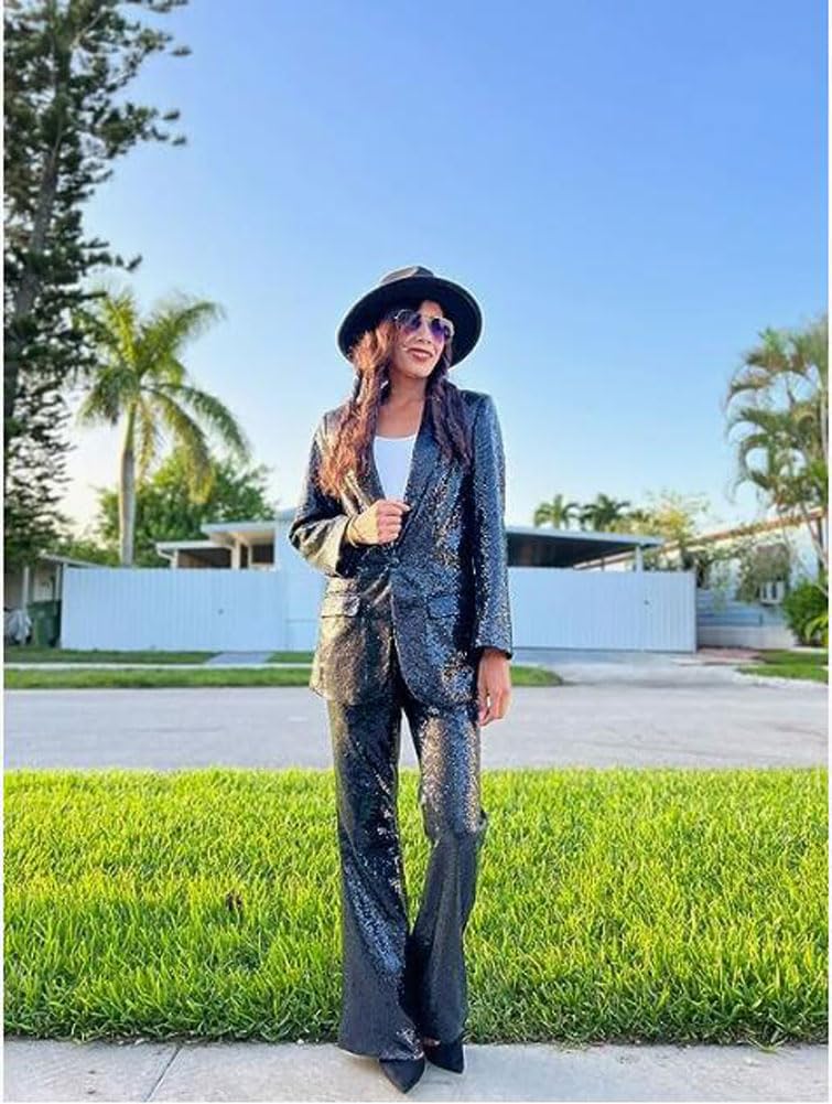 Elegant Women's Sequined 2-Piece Blazer & Pants Suit Set - One Button Wedding Tuxedo for Prom, Party & Special Occasions | Formal Evening Wear & Cocktail Attire