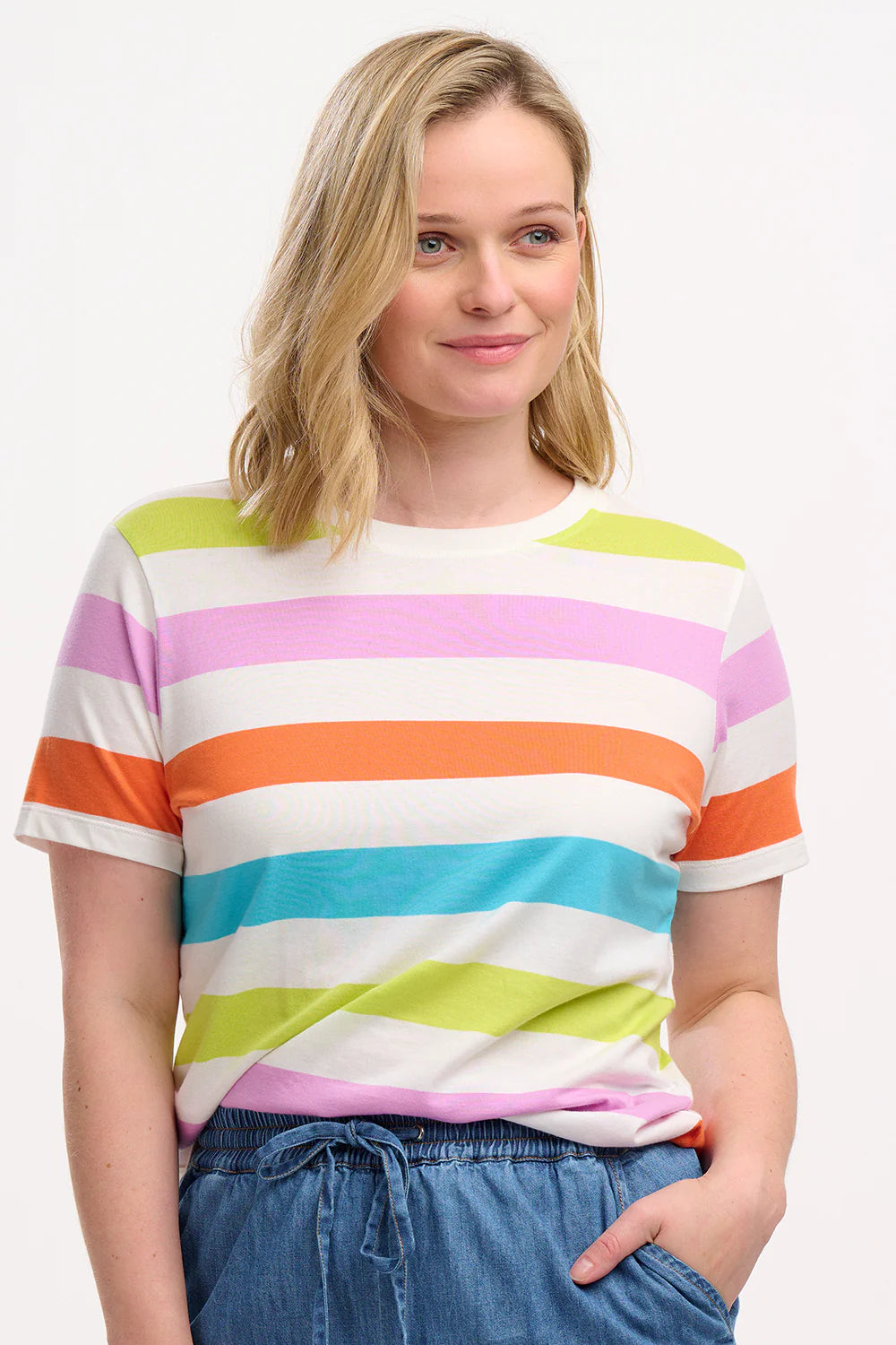 Maggie Women's Striped T-Shirt - Bold Multi-Color Casual Tee for Everyday Wear, Outfits & Layering