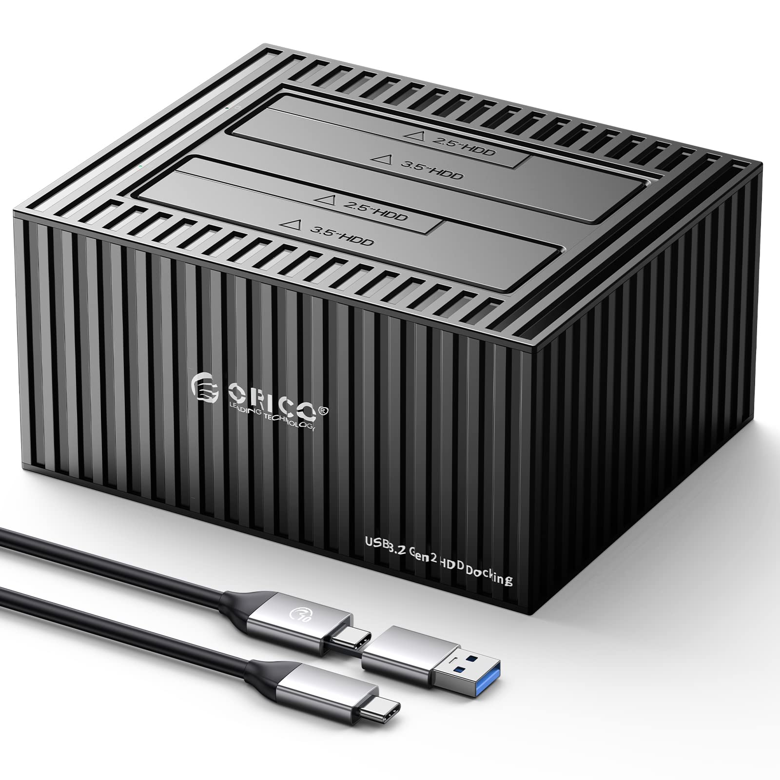 ORICO USB 3.1 Aluminum Alloy External Hard Drive Docking Station - Dual Bay for 2.5/3.5 Inch HDD SSD up to 18TB Each - Includes 10Gbps USB-C & USB-A Cables - Perfect for Data Backup, File Transfer & Media Storage