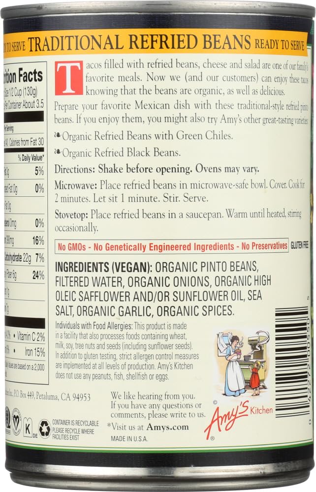 Organic Refried Beans by Amy's Kitchen - 15.4 oz Cans, Bulk Pack of 24 | Gluten-Free, Vegan, Non-GMO | Perfect for Tacos, Burritos, Nachos & Meal Prep