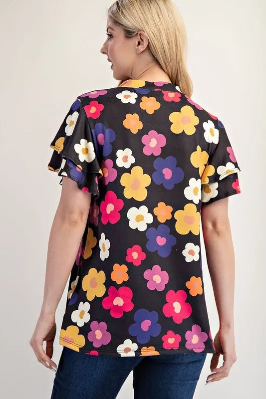 Celeste Bold Floral Print Ruffle Sleeve Blouse for Women - Elegant Party Wear & Summer Fashion Top