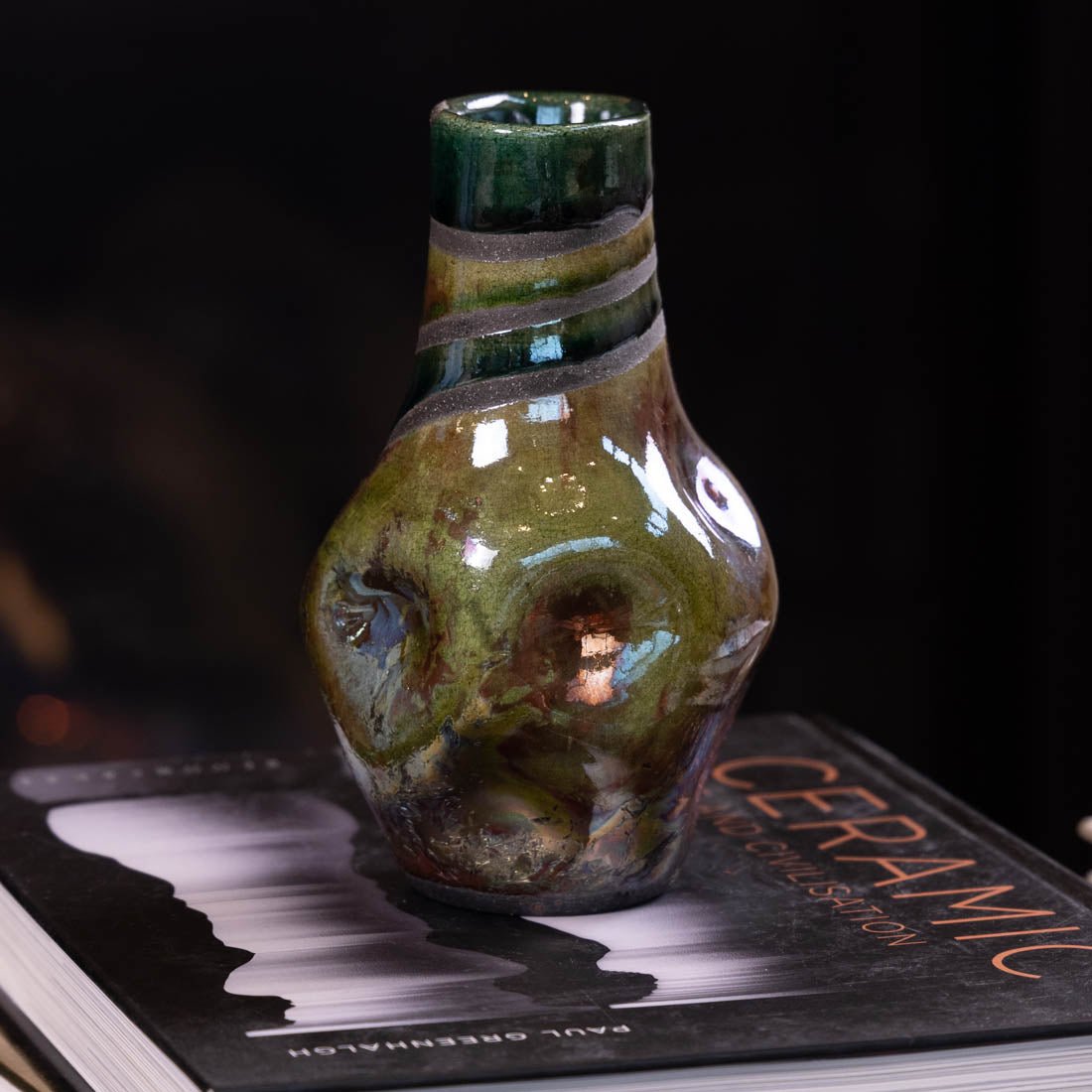 Handcrafted Medium RAKU Pot #07 - Emerald Green, Copper & Red Glaze | Ceramic Planter, Home Decor, Zen Garden Accent